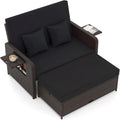 Tangkula Patio Rattan Daybed with 4-Level Adjustable Backrest, Outdoor PE Wicker Loveseat with Storage Ottoman & Folding Side Tray, Double Sunbed Lounger for Balcony, Backyard & Poolside, Black