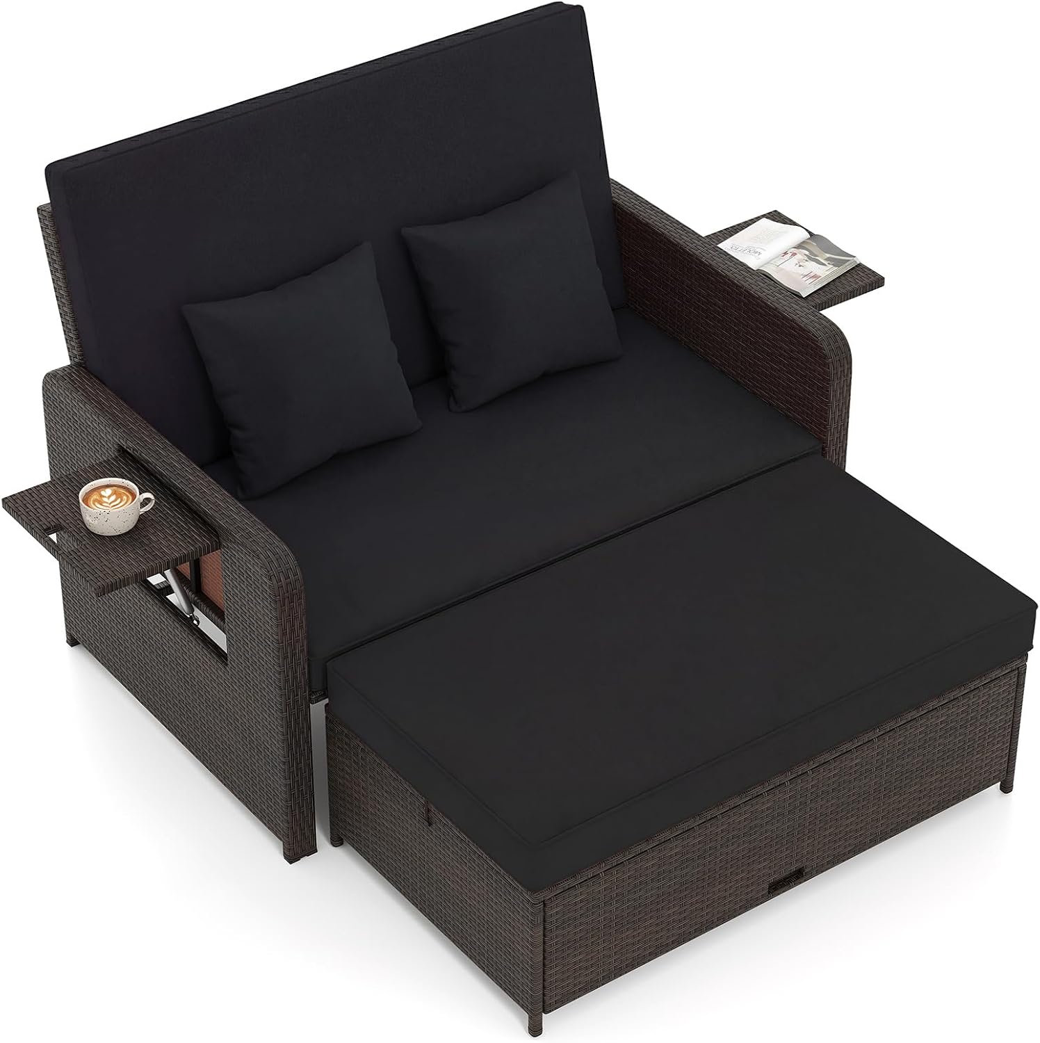 Tangkula Patio Rattan Daybed with 4-Level Adjustable Backrest, Outdoor PE Wicker Loveseat with Storage Ottoman & Folding Side Tray, Double Sunbed Lounger for Balcony, Backyard & Poolside, Black