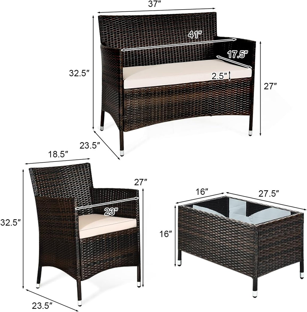 COSTWAY 8PCS Rattan Patio Furniture Set, Outdoor Wicker Rattan Chairs with Coffee Table, Rattan Cushioned Conversation Set for Backyard Balcony Porch Poolside, Brown
