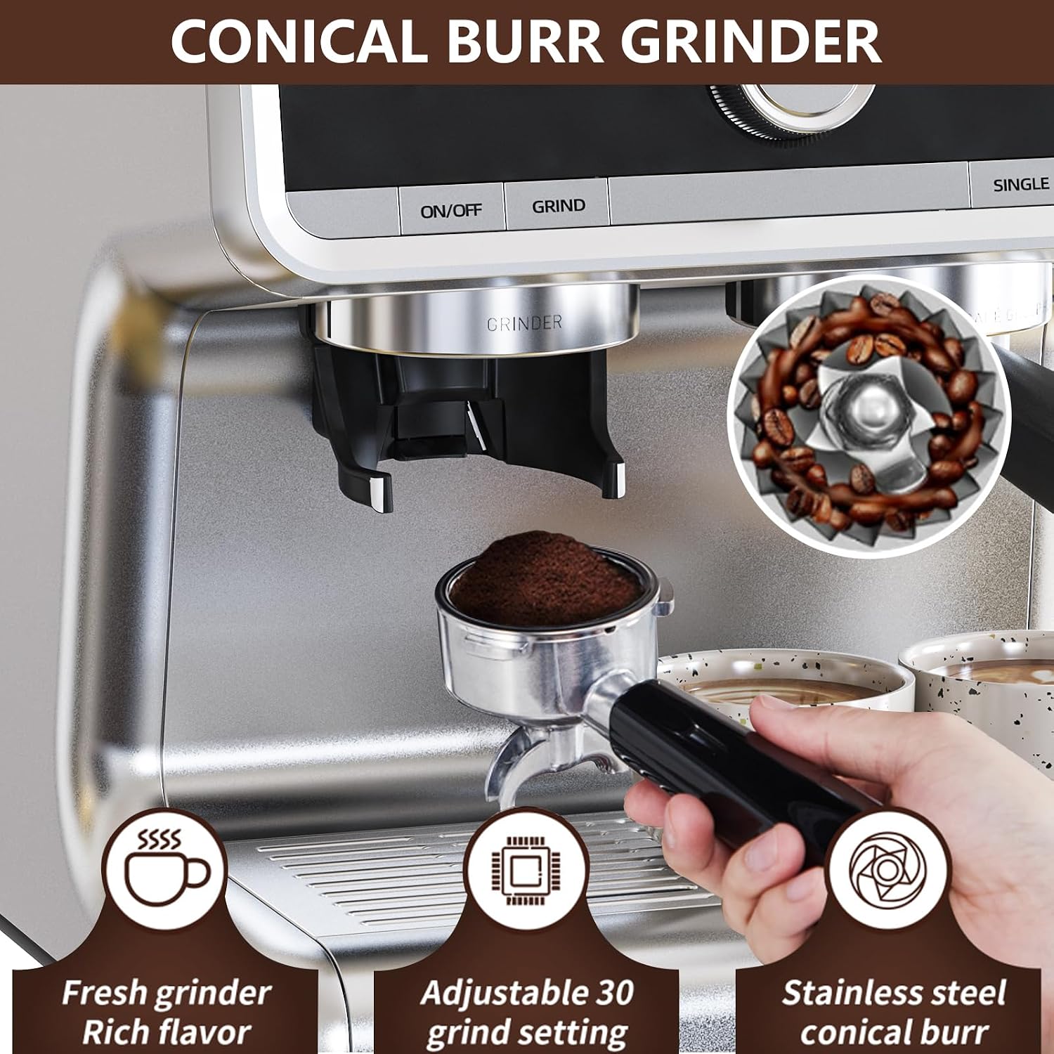 Espresso Machine with Built-in Grinder & Milk Frother, 15 Bar Semi-Automatic Coffee Maker with Steam Wand, 2.5l Water Tank, Italian Pump System, Stainless Steel Construction