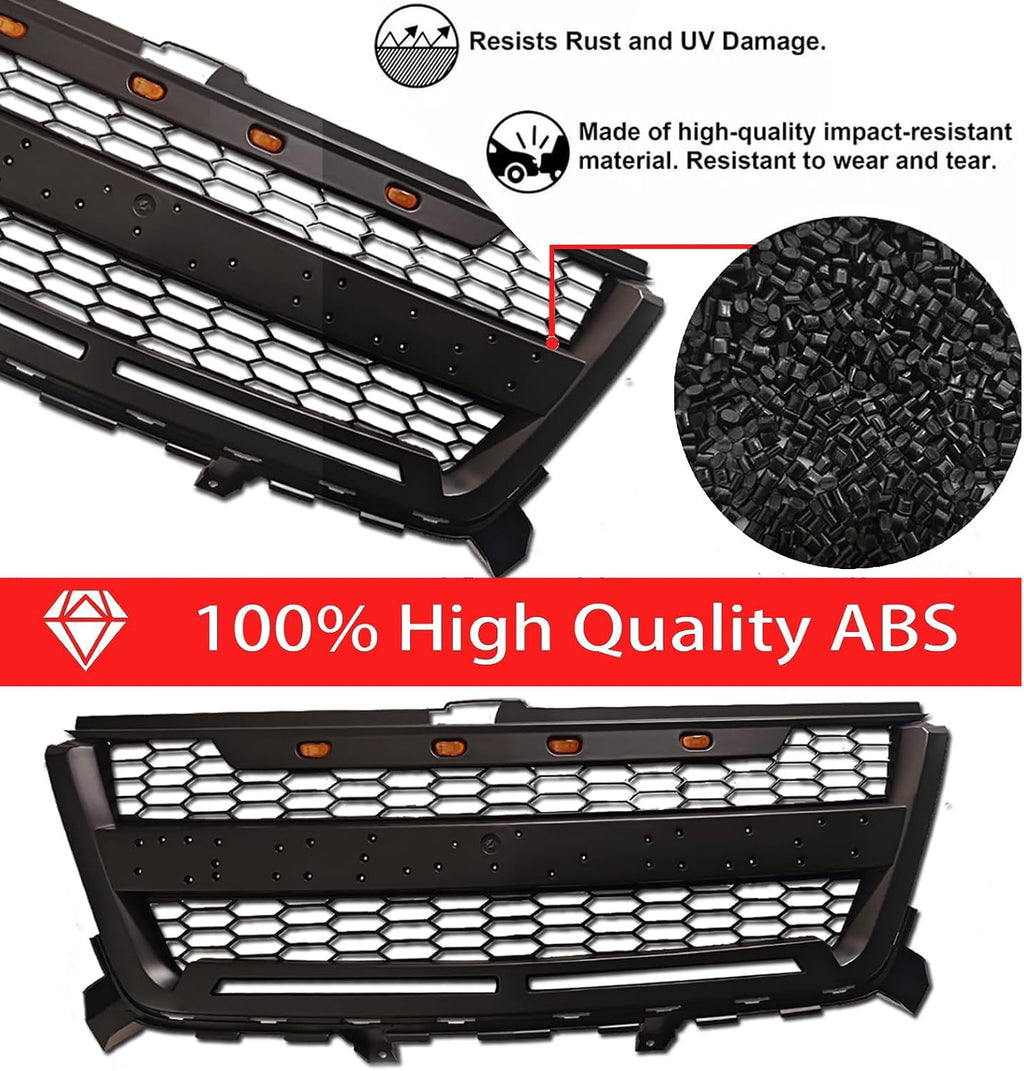 Front Grille Compatible with 2016 2017 2018 2019 2020 Colorado Replacement Front Grill, Black Letters and 4 LED Lights (with 2 LED Bars)
