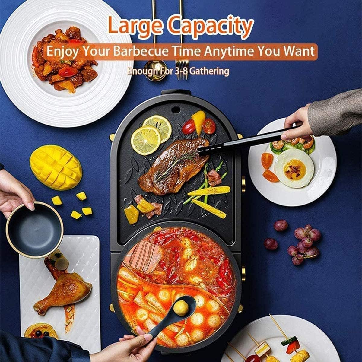 Electric Hot Pot Grill Electric Barbecue Grill,2 in 1 Non-Stick BBQ And Shabu Pot with Independent Temperature Control,Ideal for 2-8 People