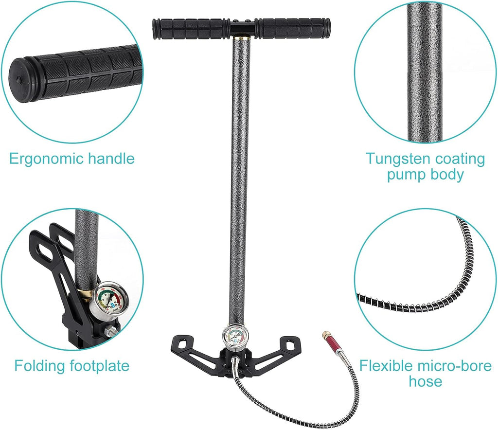 PCP Pump for Air Gun, 3 Stage 6000PSI High Pressure Hand Pump Air Rifle Gun Pump Tungsten Steel with Gauge for High Pressure Tires and Pre-Charged Pneumatic Airguns