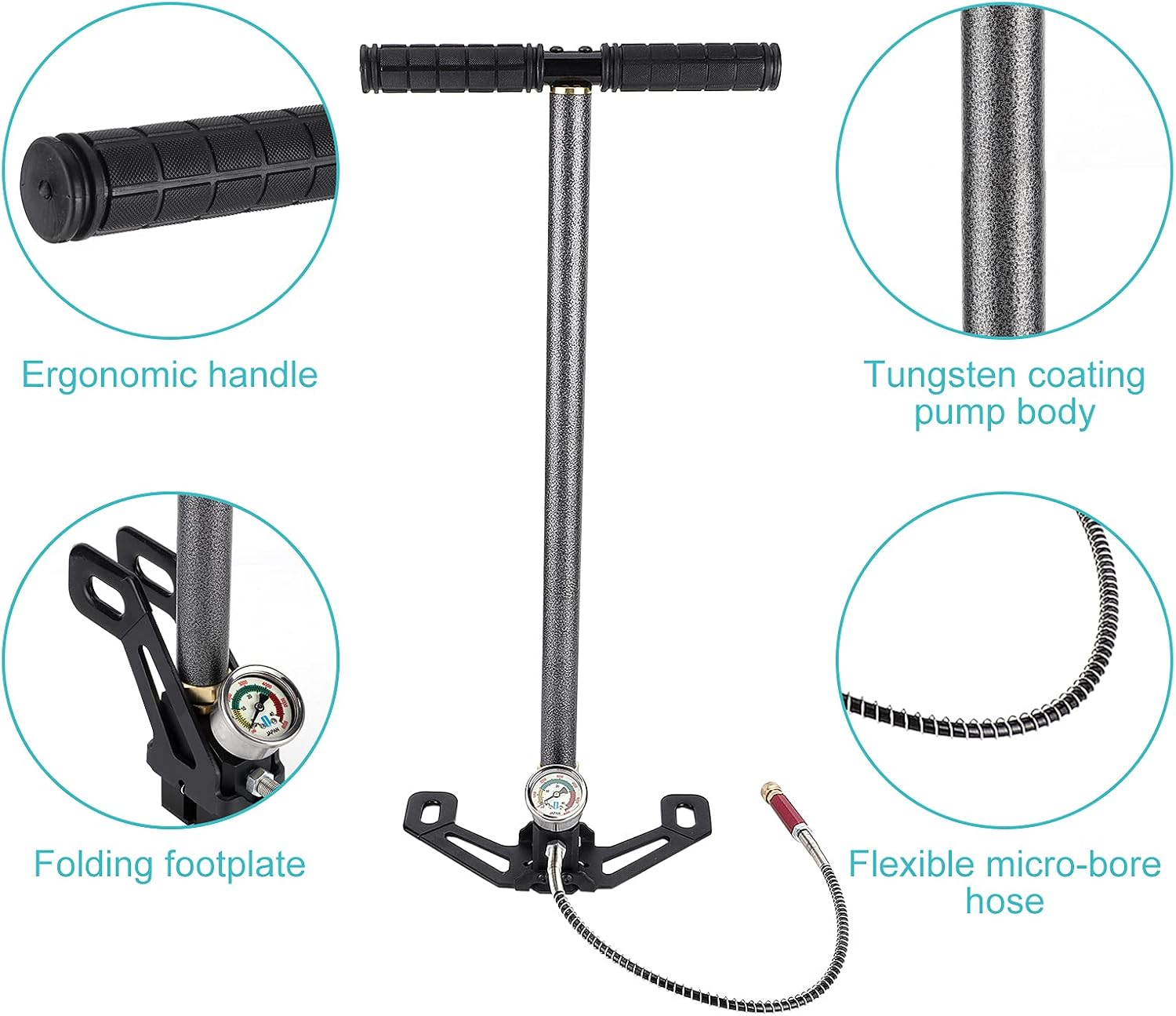 PCP Pump for Air Gun, 3 Stage 6000PSI High Pressure Hand Pump Air Rifle Gun Pump Tungsten Steel with Gauge for High Pressure Tires and Pre-Charged Pneumatic Airguns
