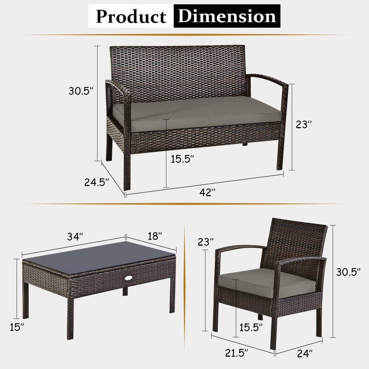 Tangkula 8-PCS Wicker Patio Conversation Furniture Set, Outdoor Rattan Chair and Table Set, Patio Furniture Sets with Coffee Table & Washable Cushions for Courtyard Balcony Garden (2, Brown)