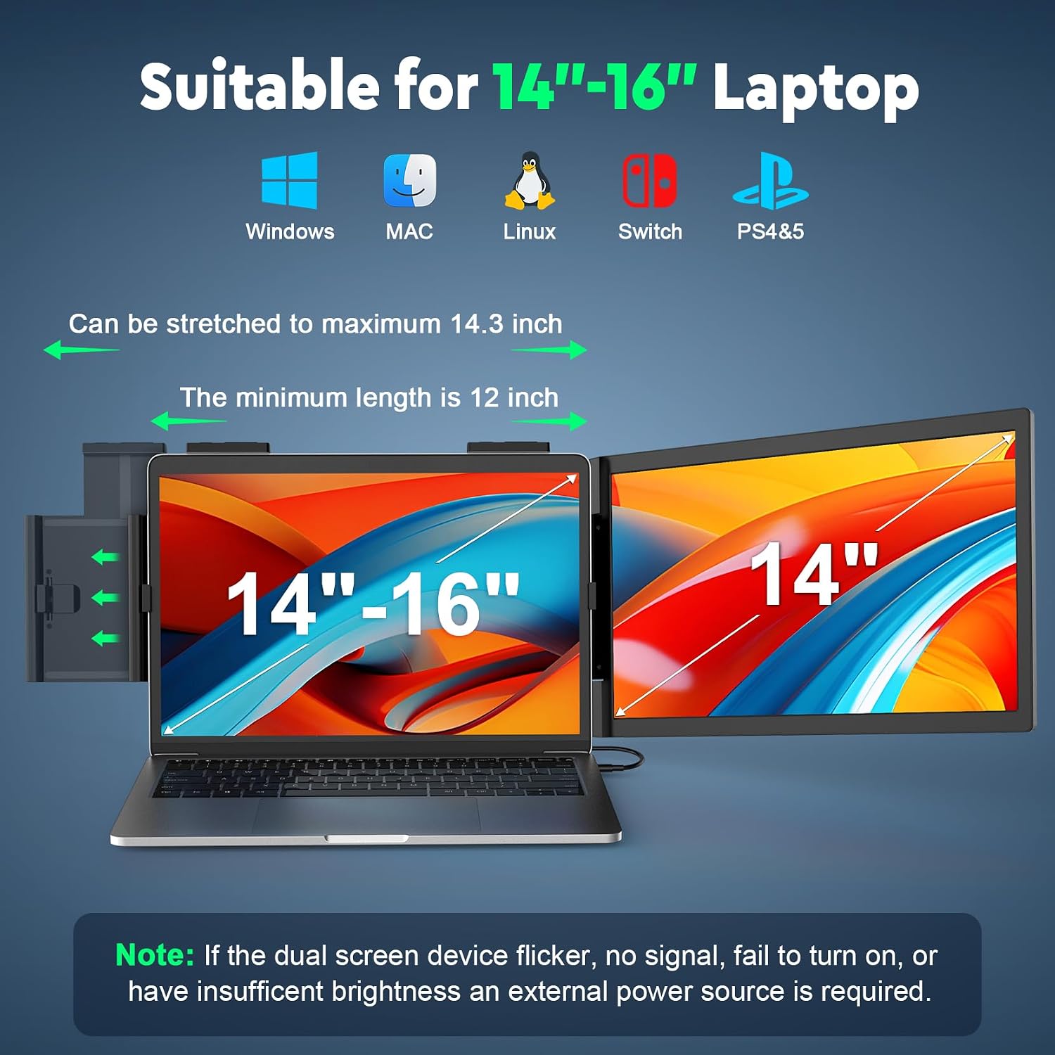 KEEPTIME Laptop Screen Extender, 14' 1080P IPS Laptop Monitor Extender for 14'-16' Laptops, with USB-C/HDMI Port, Plug and Play Portable Monitor for Windows/Mac/Android/Switch/PS5