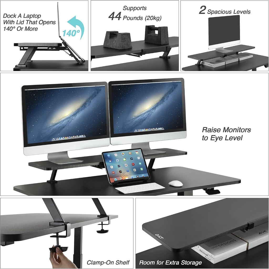 AVLT Clamp Desk Shelf Dual 32' Monitor Clamp-On Monitor Riser With Slide Out Holder For Convertible Laptop Tablet Smartphone (Black) - Floating Monitor Stand (Shelf Only)