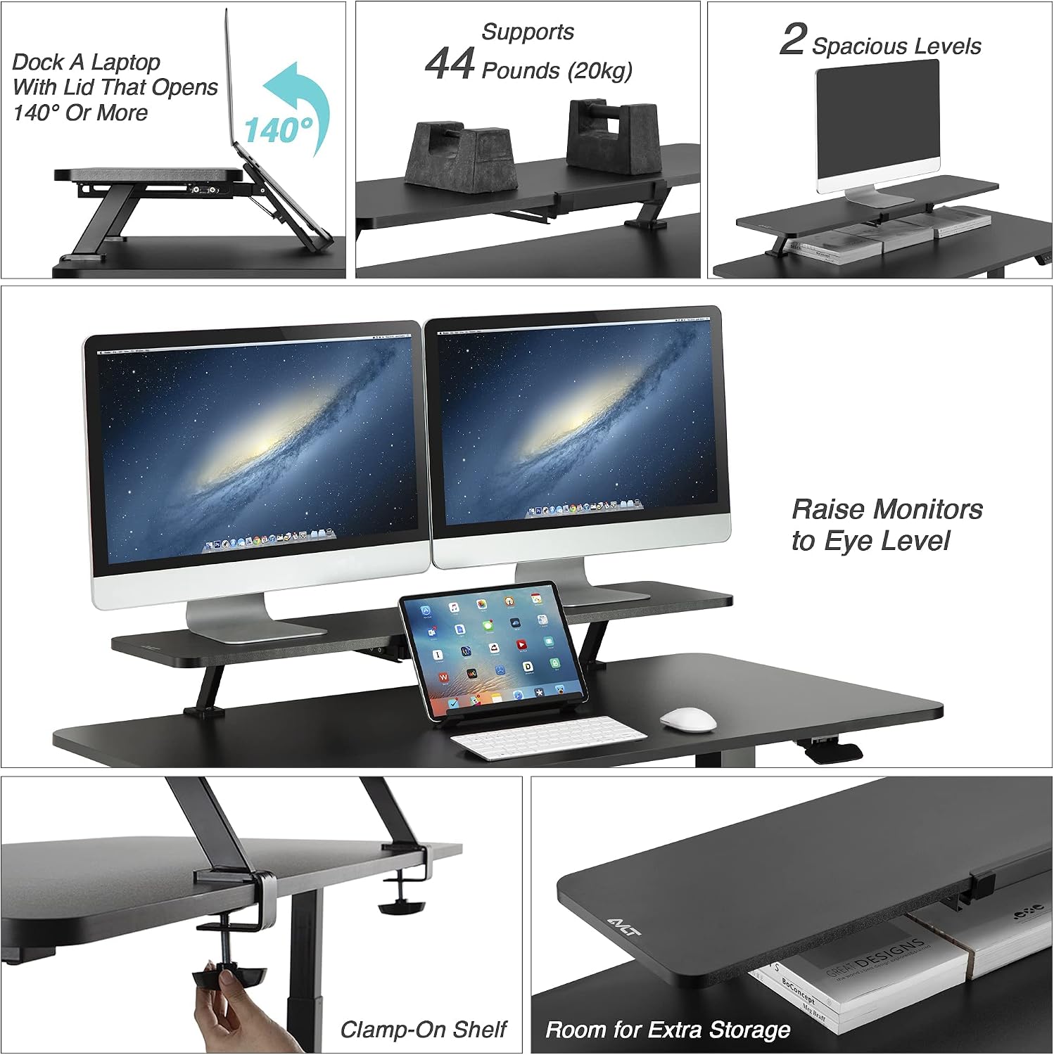 AVLT Clamp Desk Shelf Dual 32' Monitor Clamp-On Monitor Riser With Slide Out Holder For Convertible Laptop Tablet Smartphone (Black) - Floating Monitor Stand (Shelf Only)