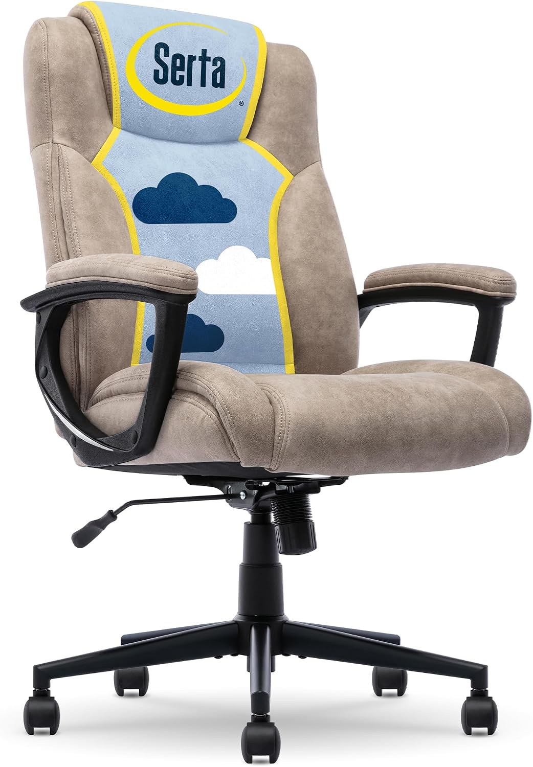 Serta Comfort Eco Office Chair, Ergonomic Mid-Back with Lumbar Support, Semi-Plush Seat Cushion and Layered Body Pillows, Padded Armrests, Metal Swivel Base, Soft Velvet Fabric, Light Brown