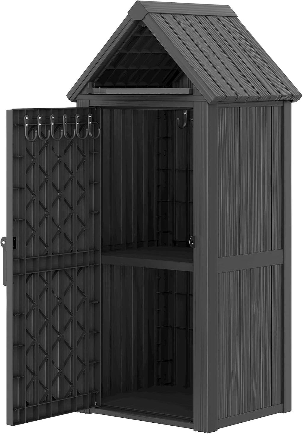 LHBGO Outdoor Storage Shed with Door & Shelf, Large Capacity Weatherproof Garden Tool Cabinet with Multiple Hooks for Backyard, Patio, Lawn（Black