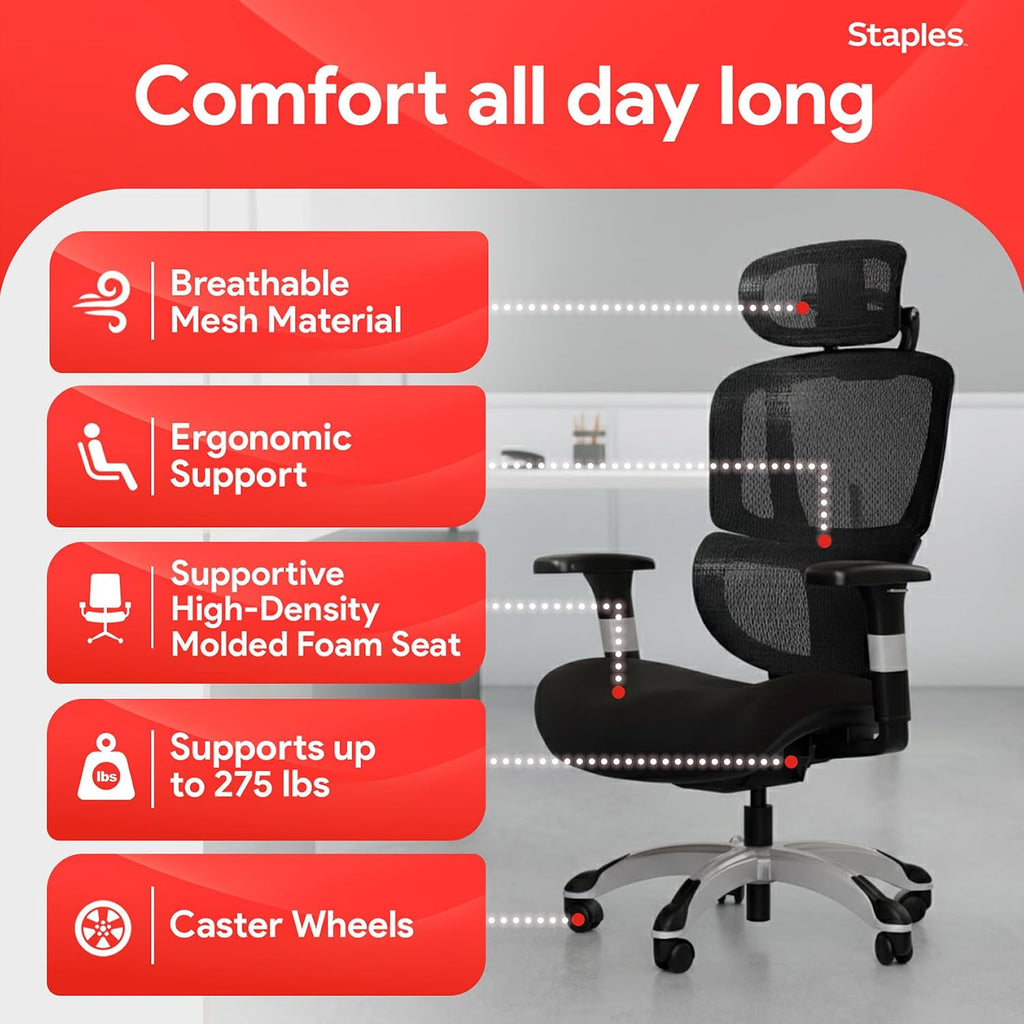 STAPLES Ergonomic Task Chair, Mesh, Ergonomic, Lumbar Support, Swivel, Black