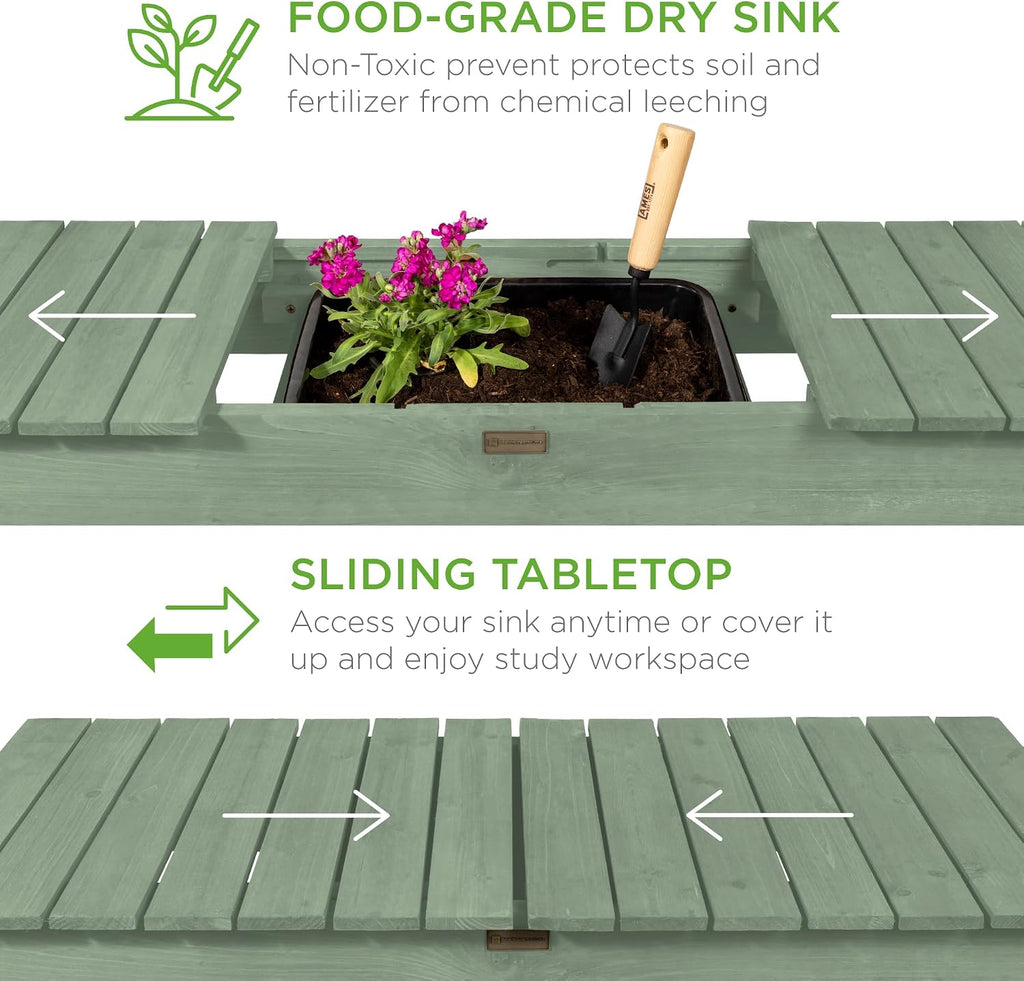 Best Choice Products Mobile Garden Potting Bench, Outdoor Wood Workstation Table w/Sliding Tabletop, 4 Locking Wheels, Food Grade Dry Sink, Storage Shelves - Sage Green