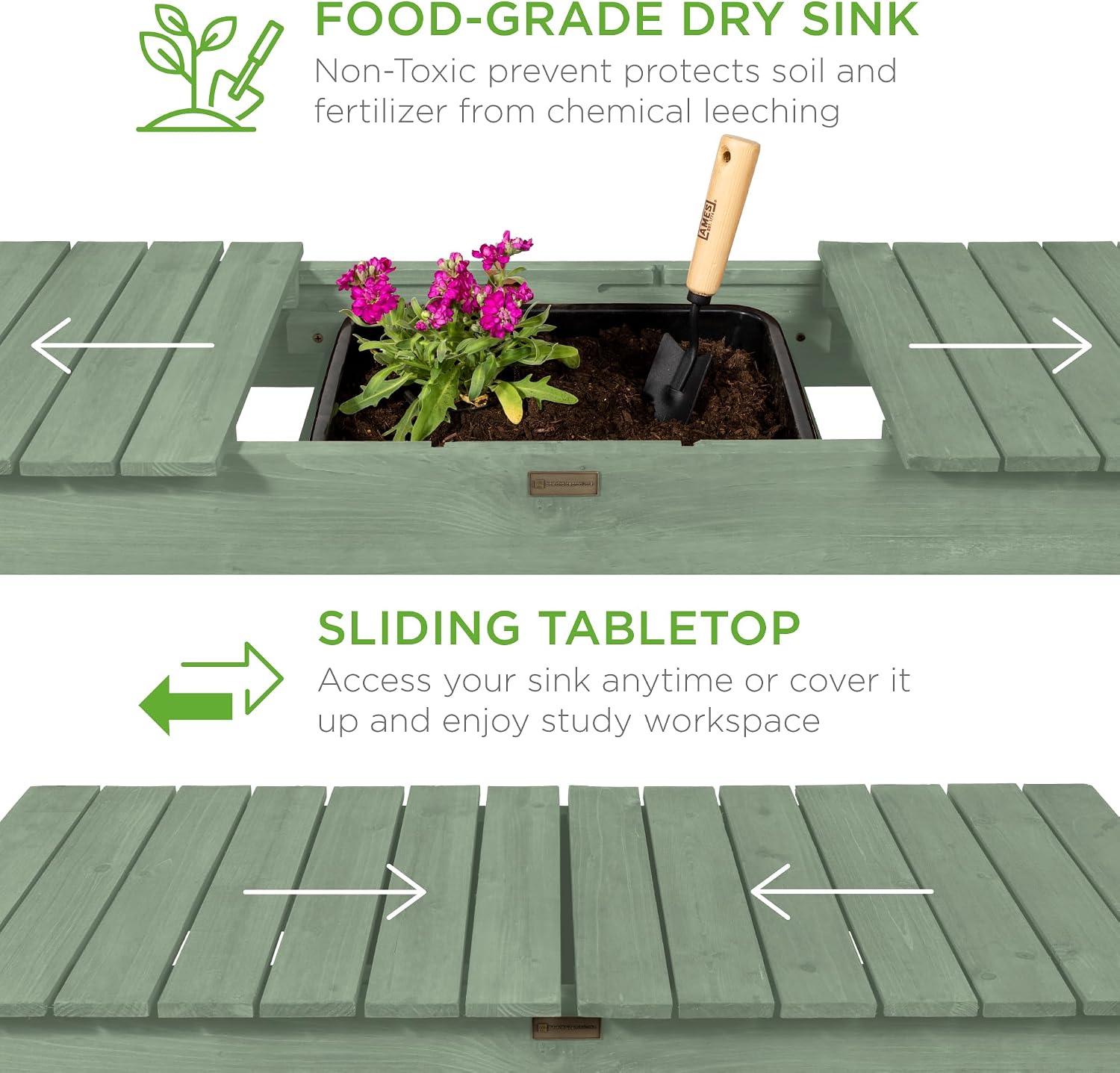 Best Choice Products Mobile Garden Potting Bench, Outdoor Wood Workstation Table w/Sliding Tabletop, 4 Locking Wheels, Food Grade Dry Sink, Storage Shelves - Sage Green