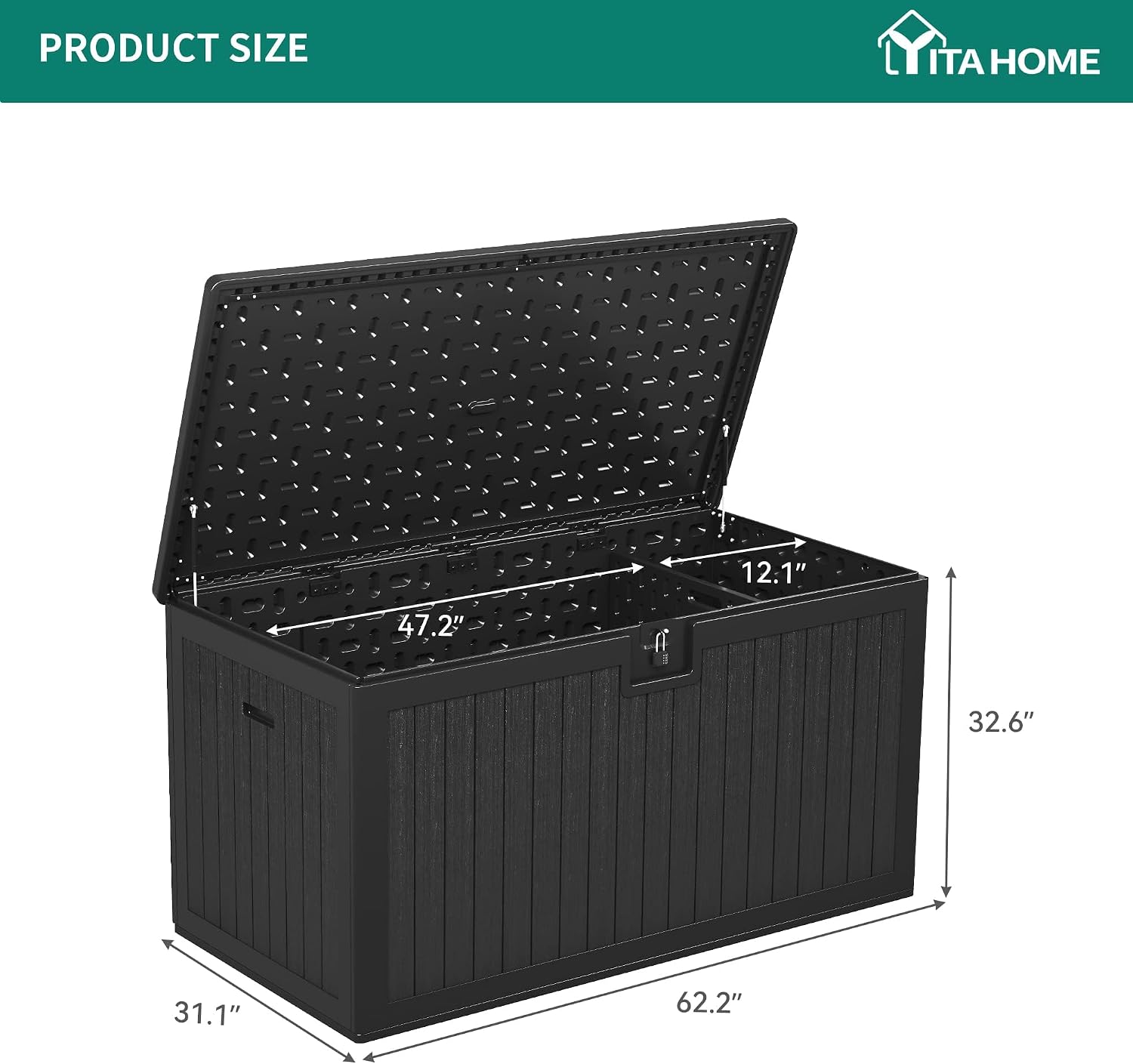 YITAHOME XXL 260 Gallon Large Deck Box,Outdoor Storage for Patio Furniture Cushions,Garden Tools with Flexible Divider,Waterproof,Lockable (Black)