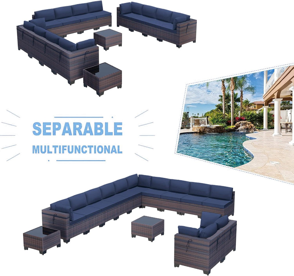 Kullavik 14 Pieces Outdoor Patio Furniture Set,Sectional Rattan Sofa Set Brown PE Rattan Wicker Patio Conversation Set with Tempered Glass Coffee Tables and Washable Cushions Covers,Navy Blue