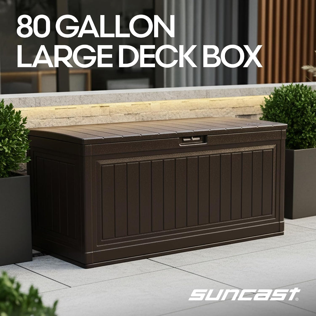 Suncast 80-Gal. Resin Large Outdoor Patio Deck Box with Pad-Lockable Lid, Modern Outdoor Patio Bench/Storage Box for Cushions, Garden Tools, and More, Java