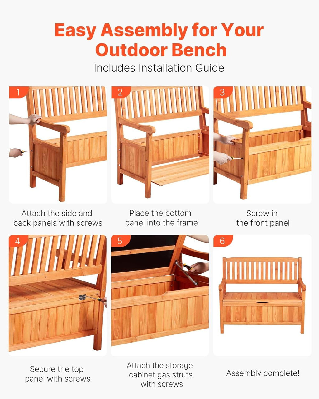 VEVOR Outdoor Storage Bench, 2-Person Wooden Storage Bench, 33 Gallons Deck Box with Side Handle, Supports up to 705 lbs, Outdoor Seating & Porch Decor, for Patio Garden Balcony Yard