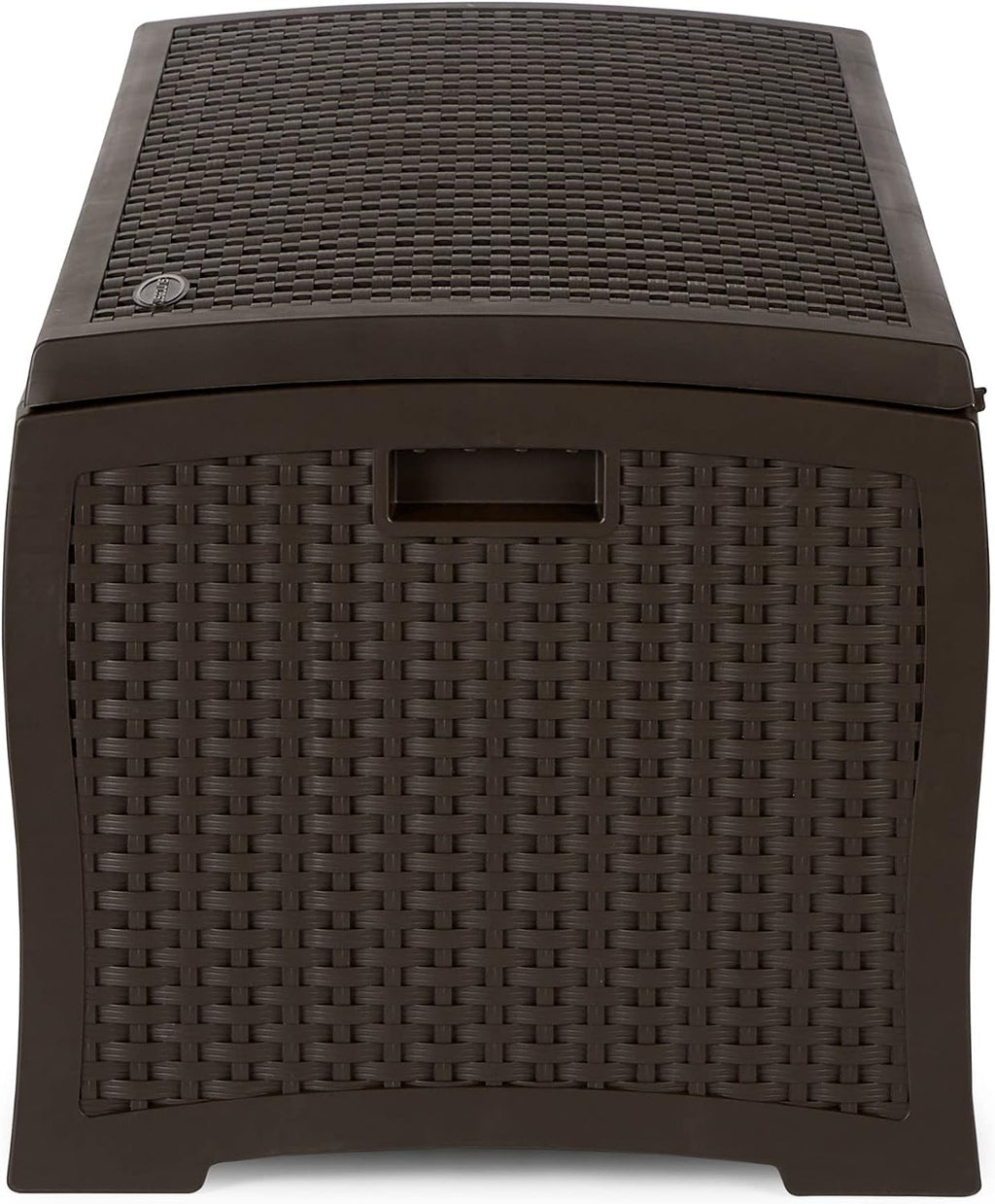 Suncast Outdoor Storage Box - 73 Gallon Mocha Brown Deck Box for Patio, weather-resistant Outdoor Storage Bench, Resin Wicker Style, Heavy-Duty, Lockable Lid for Cushions, Shoes, Pool & Garden Gear