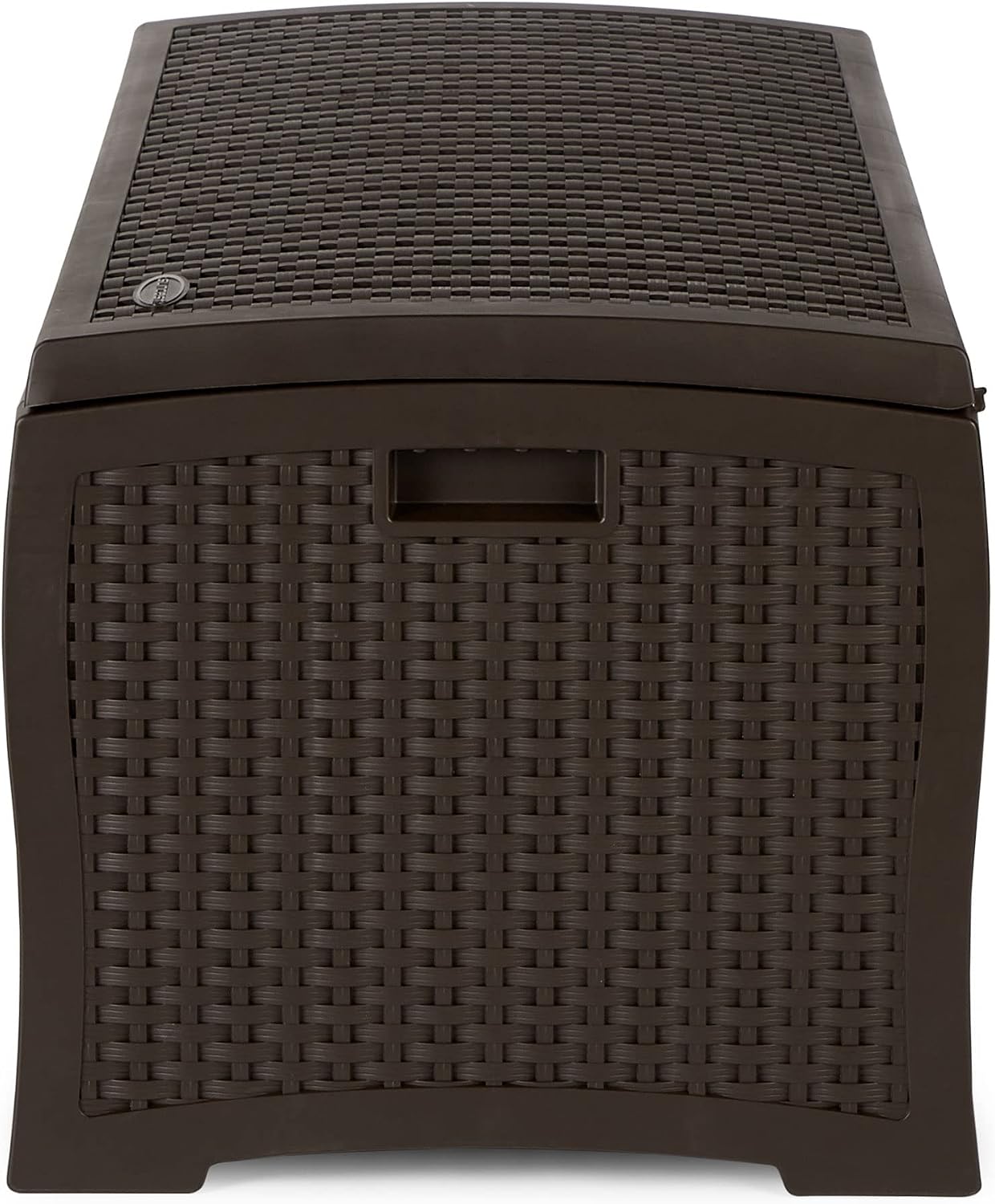 Suncast Outdoor Storage Box - 73 Gallon Mocha Brown Deck Box for Patio, weather-resistant Outdoor Storage Bench, Resin Wicker Style, Heavy-Duty, Lockable Lid for Cushions, Shoes, Pool & Garden Gear