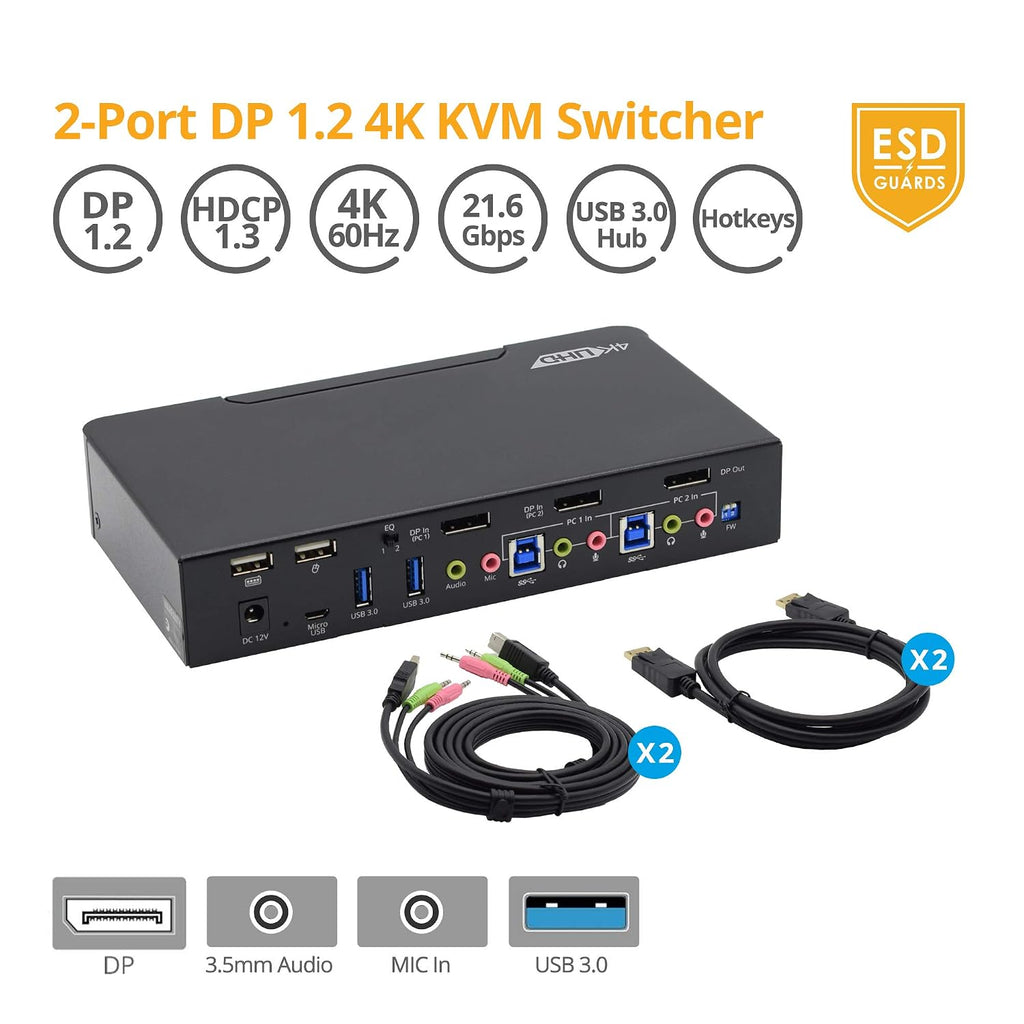 gofanco Prophecy 2-Port DisplayPort 1.2 USB KVM Switch – 4K @60Hz 4:4:4, 21.6Gbps, HDCP 1.3, USB Keyboard/Mouse, USB 3.0 Hub, MIC in, Stereo Out, Hotkeys, TAA Compliant (PRO-KVMDP-2Pv2)