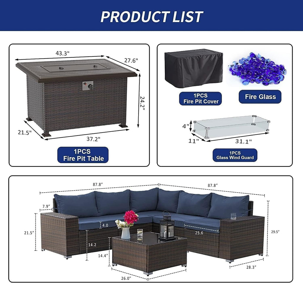Kullavik 7 Pieces Outdoor Patio Furniture Set with 43' 55000BTU Gas Propane Fire Pit Table PE Wicker Rattan Sectional Sofa Patio Conversation Sets,Navy Blue