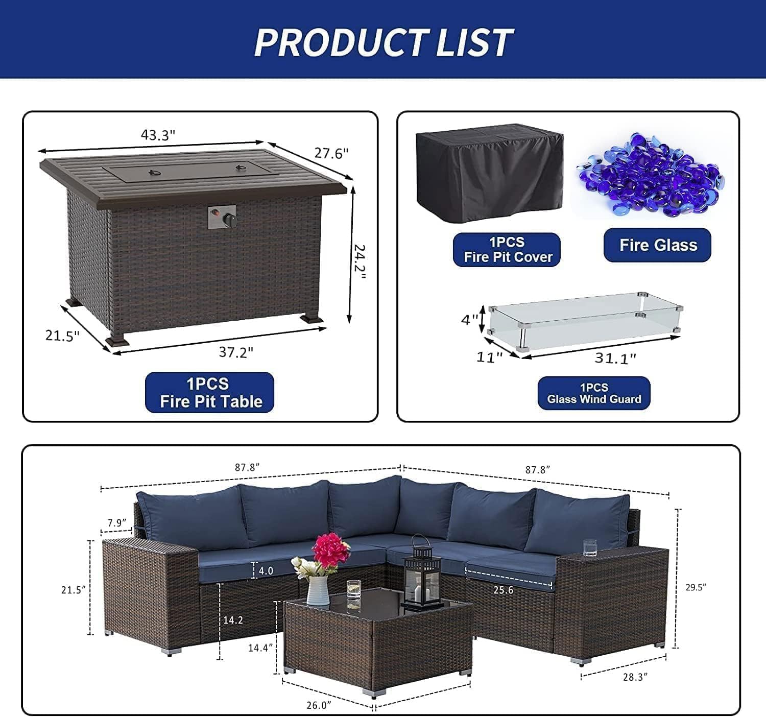 Kullavik 7 Pieces Outdoor Patio Furniture Set with 43' 55000BTU Gas Propane Fire Pit Table PE Wicker Rattan Sectional Sofa Patio Conversation Sets,Navy Blue