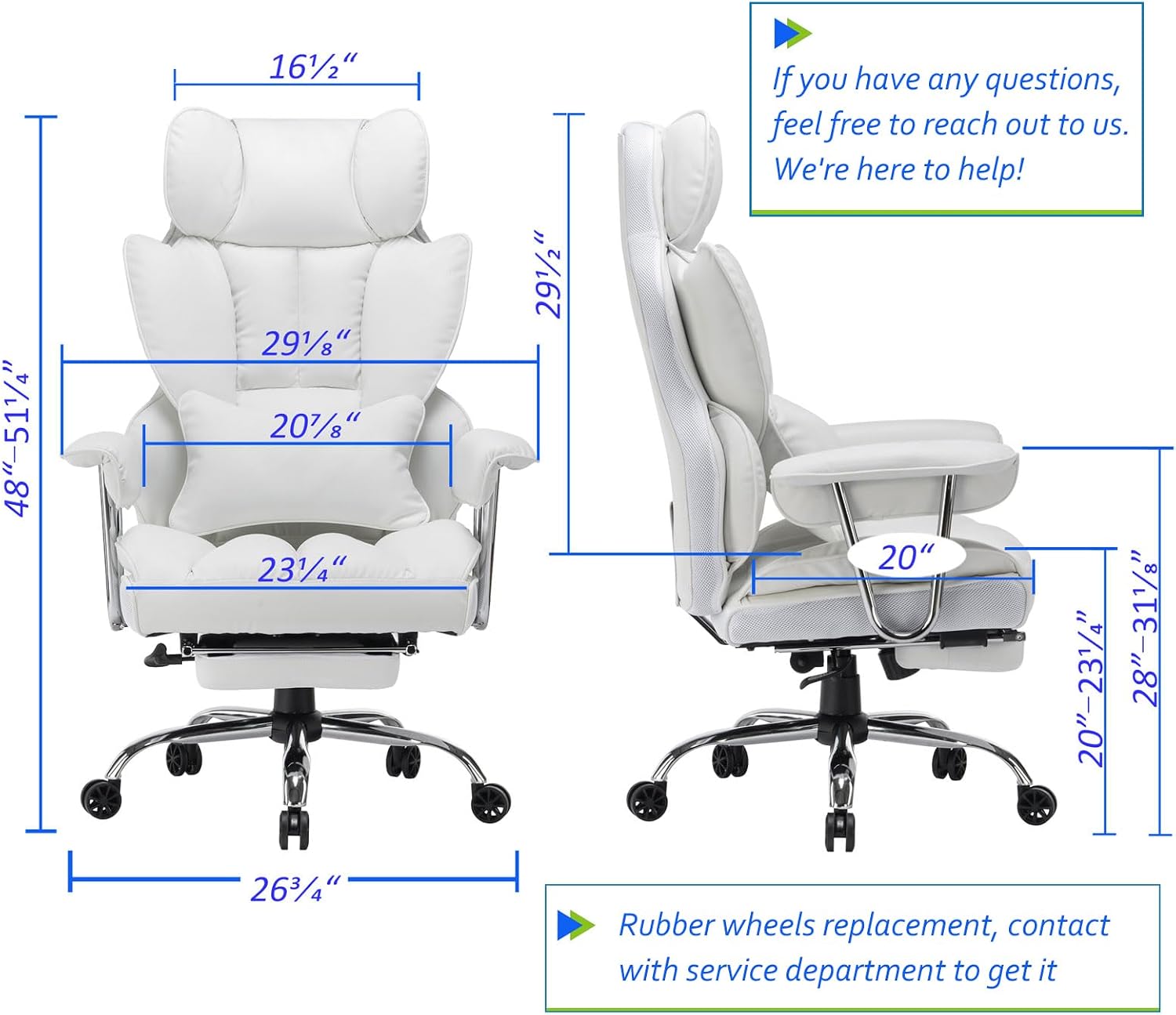 Efomao Big and Tall Office Chair 400lbs, Executive PU Leather Desk Chair with Footrest & Lumbar Support, Heavy Duty Computer Seating for Home, White