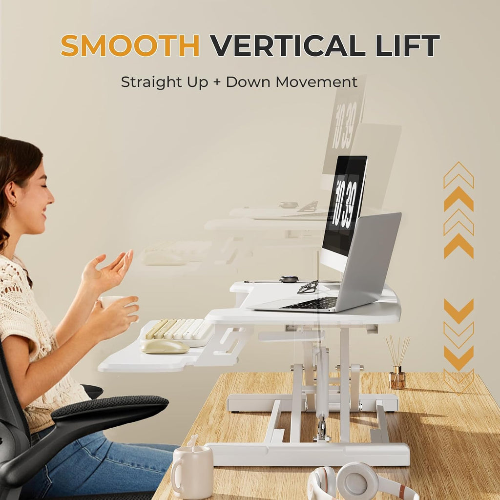 JOY worker Standing Desk Converter, 35' Height Adjustable Sit Stand Up Desk Riser with Keyboard Tray & 6 Fridge Magnets, Desktop Workstation Riser for Home Office Computer Laptop, White
