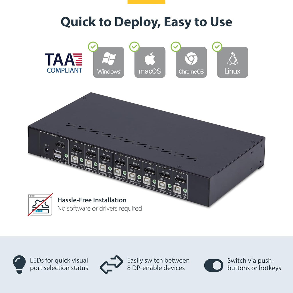StarTech.com 8-Port DisplayPort KVM Switch w/1U Rack Mount Kit, 4K 60Hz DP 1.2, Push-Button/Hotkey Switching, TAA Compliant