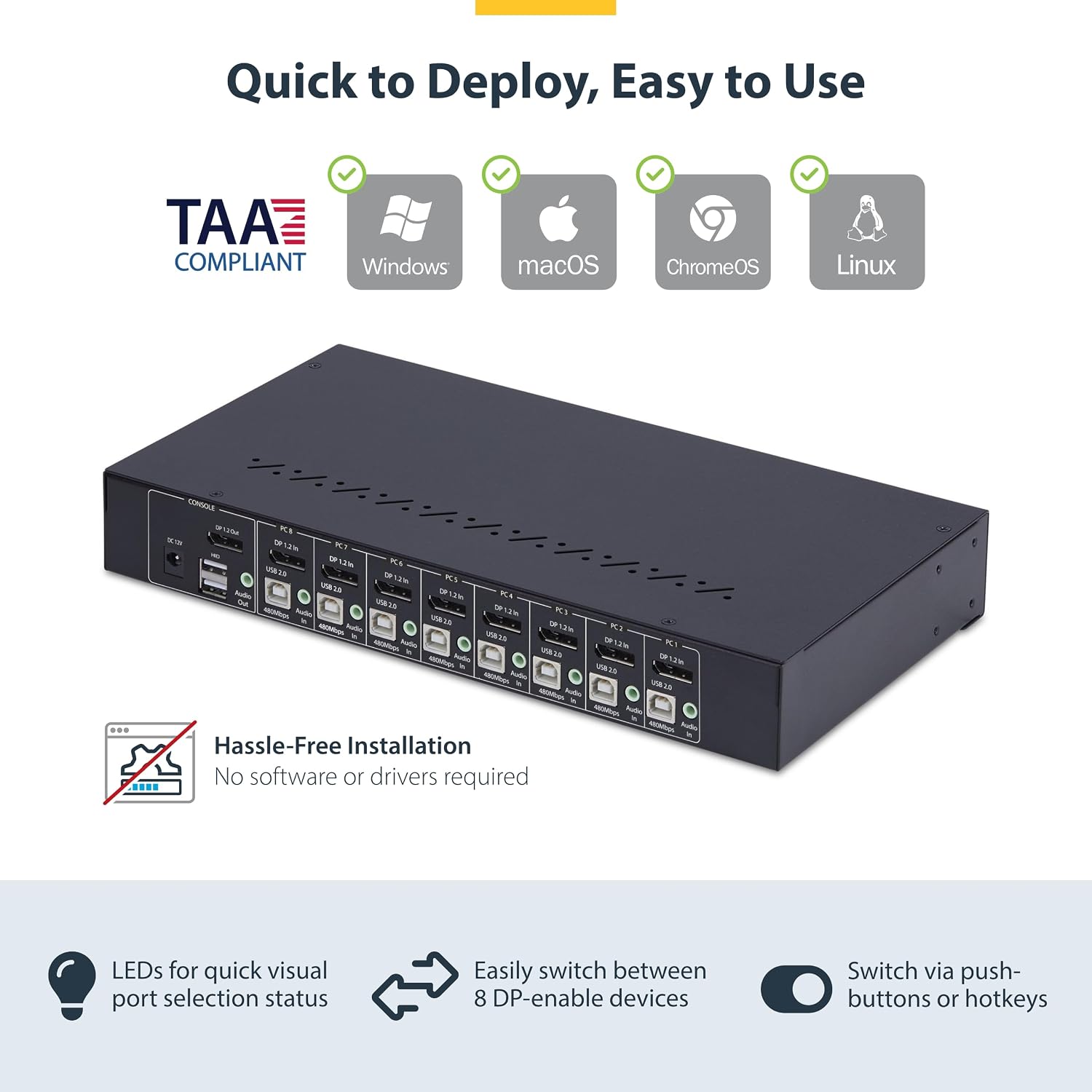 StarTech.com 8-Port DisplayPort KVM Switch w/1U Rack Mount Kit, 4K 60Hz DP 1.2, Push-Button/Hotkey Switching, TAA Compliant