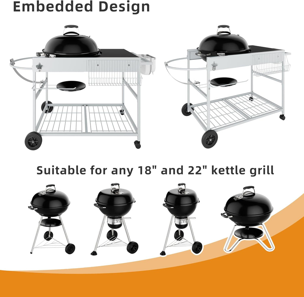 Vongrasig Grill Cart for Weber Kettle 18' & 22', Charcoal Grill Table, Outdoor Kitchen Island with Storage for Jumbo Joe,Master-Touch Charcoal Grill, Silver