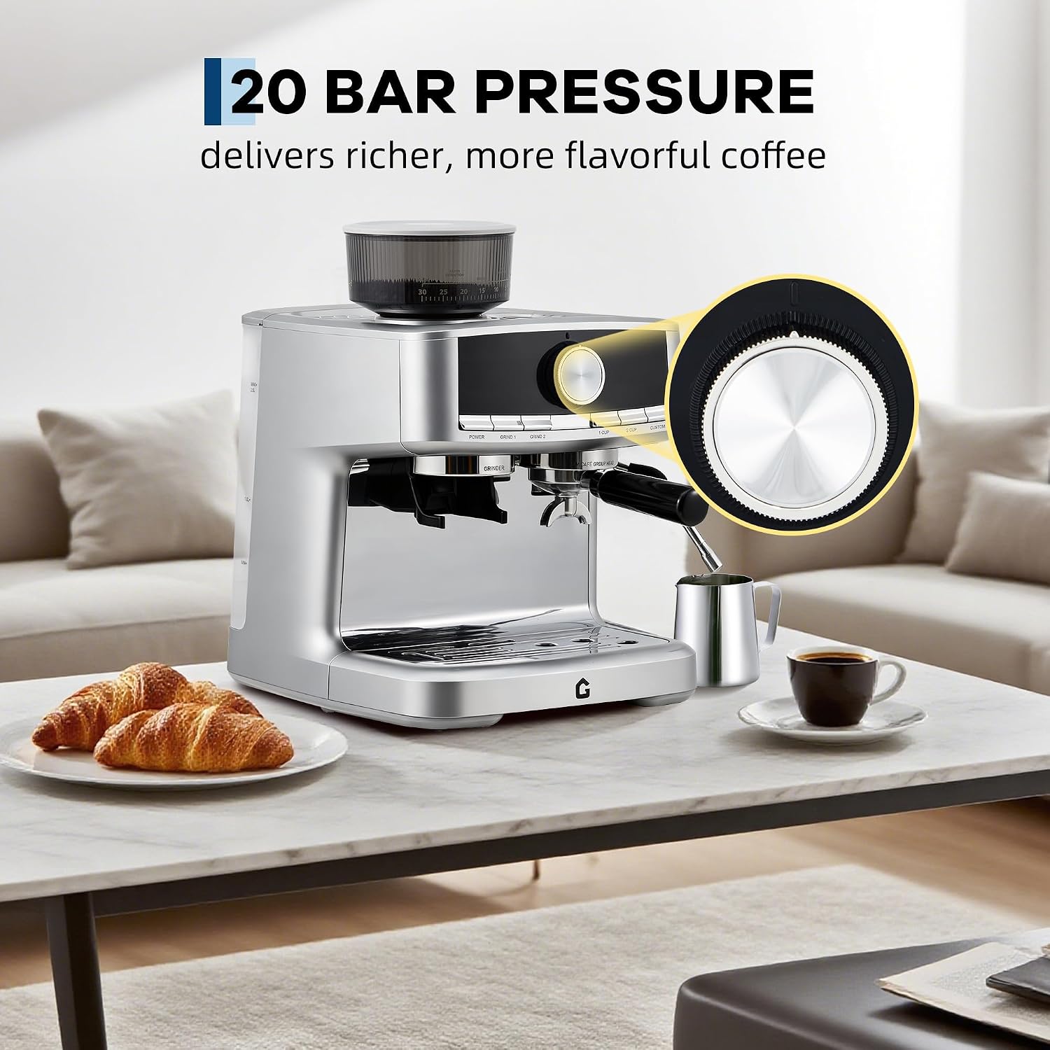 TROPOW Espresso Machine with Grinder - 20 Bar Pressure Professional, Stainless Steel Coffee Maker with Milk Frother, 1.5l Removable Water Tank for Latte, Cappuccino, Home & Office