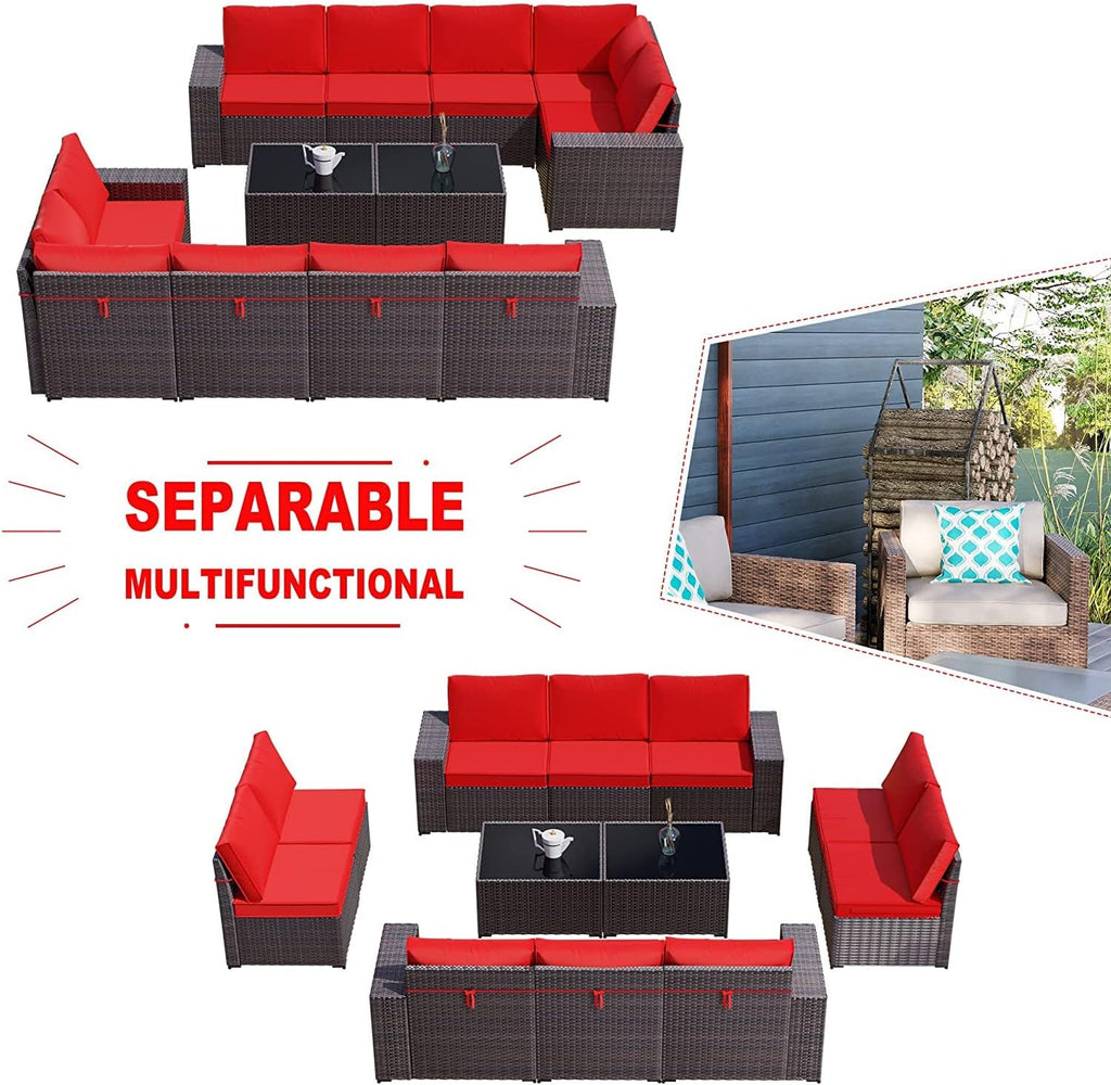 Kullavik Outdoor Patio Furniture Set 12 Pieces Sectional Rattan Sofa Set Brown PE Rattan Wicker Patio Conversation Set with 10 Red Seat Cushions and 2 Tempered Glass Table