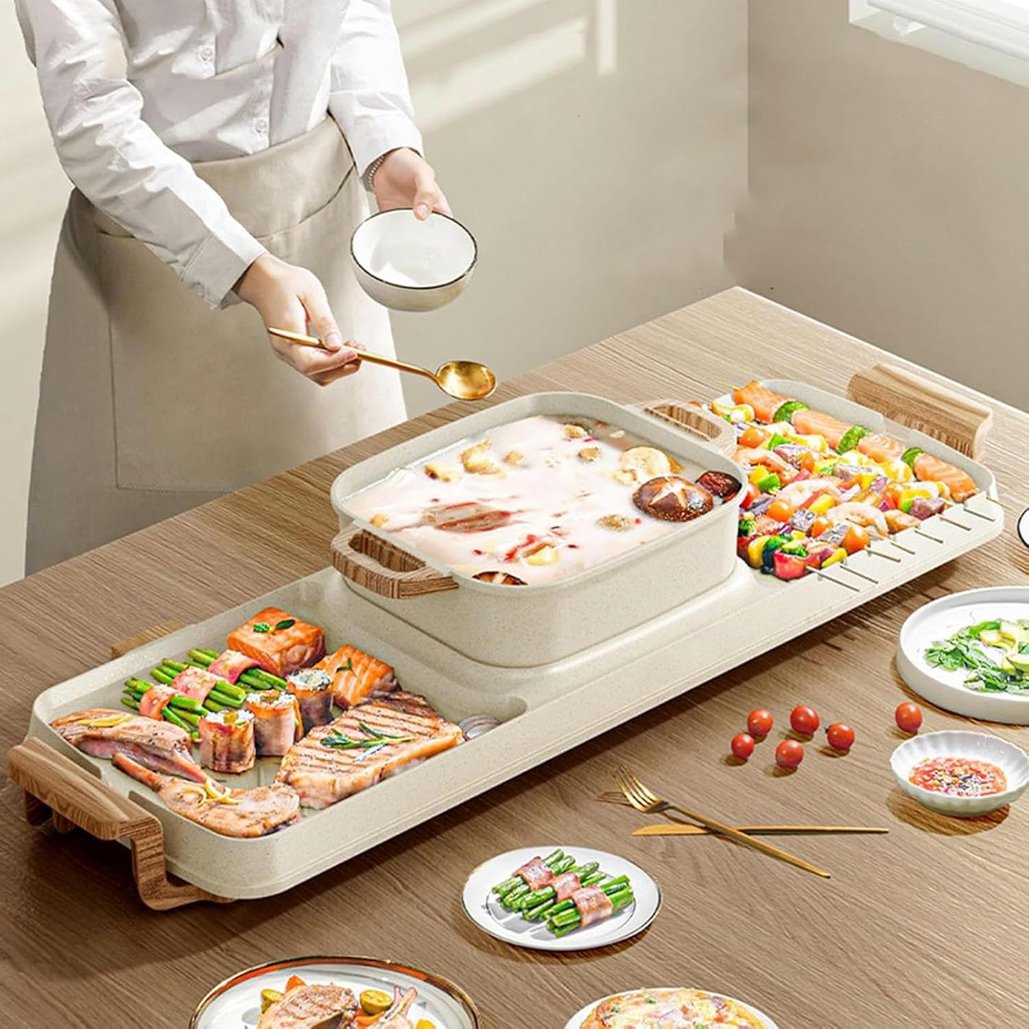 2 and 1 Electric Grill with Hot Pot, Indoor Oven, Shabu-shabu Grill, 2200W Power, Zoned Temperature Control, Suitable for 3~12 People