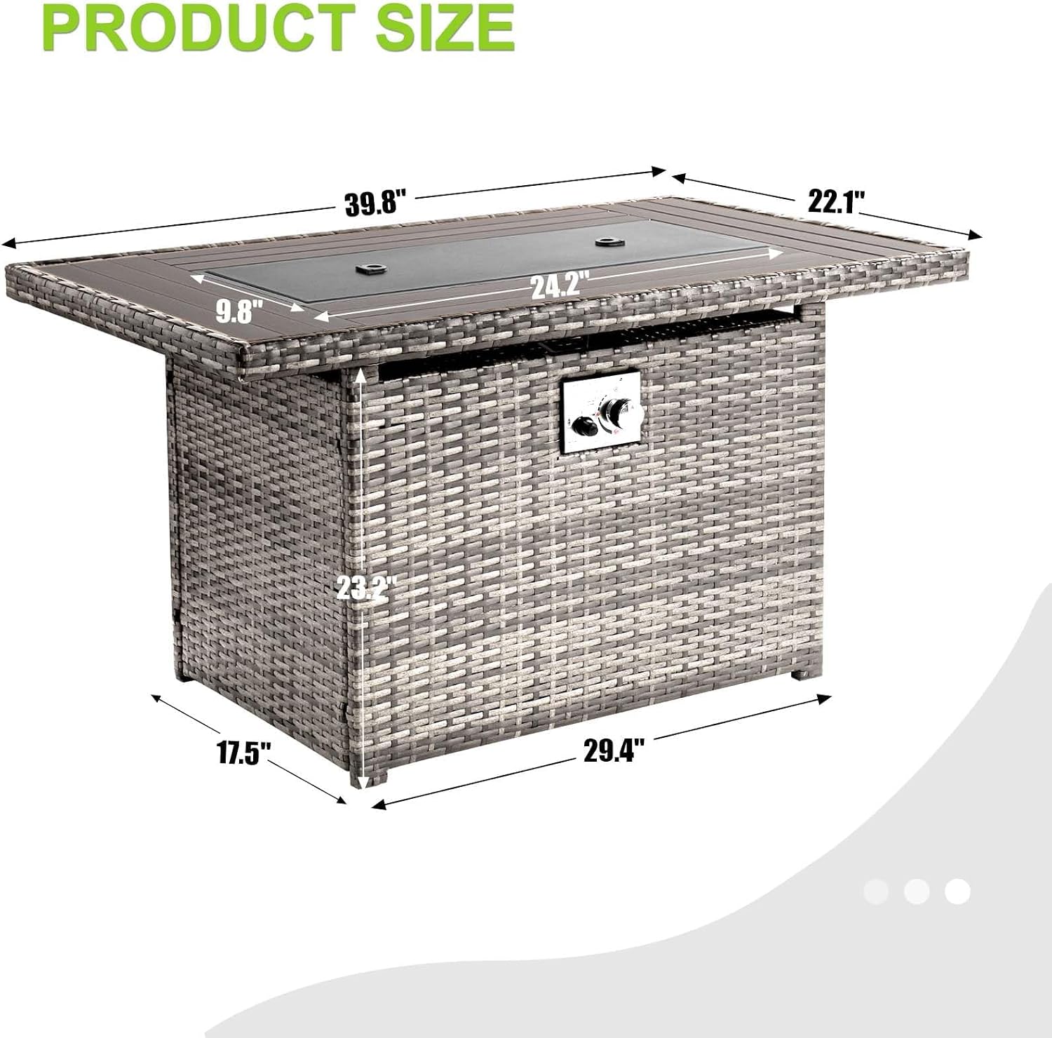 Aoxun 44' Propane Fire Pit 50,000 BTU Outdoor Wicker Fire Table with Wood-grainTabletop Patio Rectangular 2-in-1 Gas Fire Pit Table with Firepit Lid and Waterproof Cover（Gray）