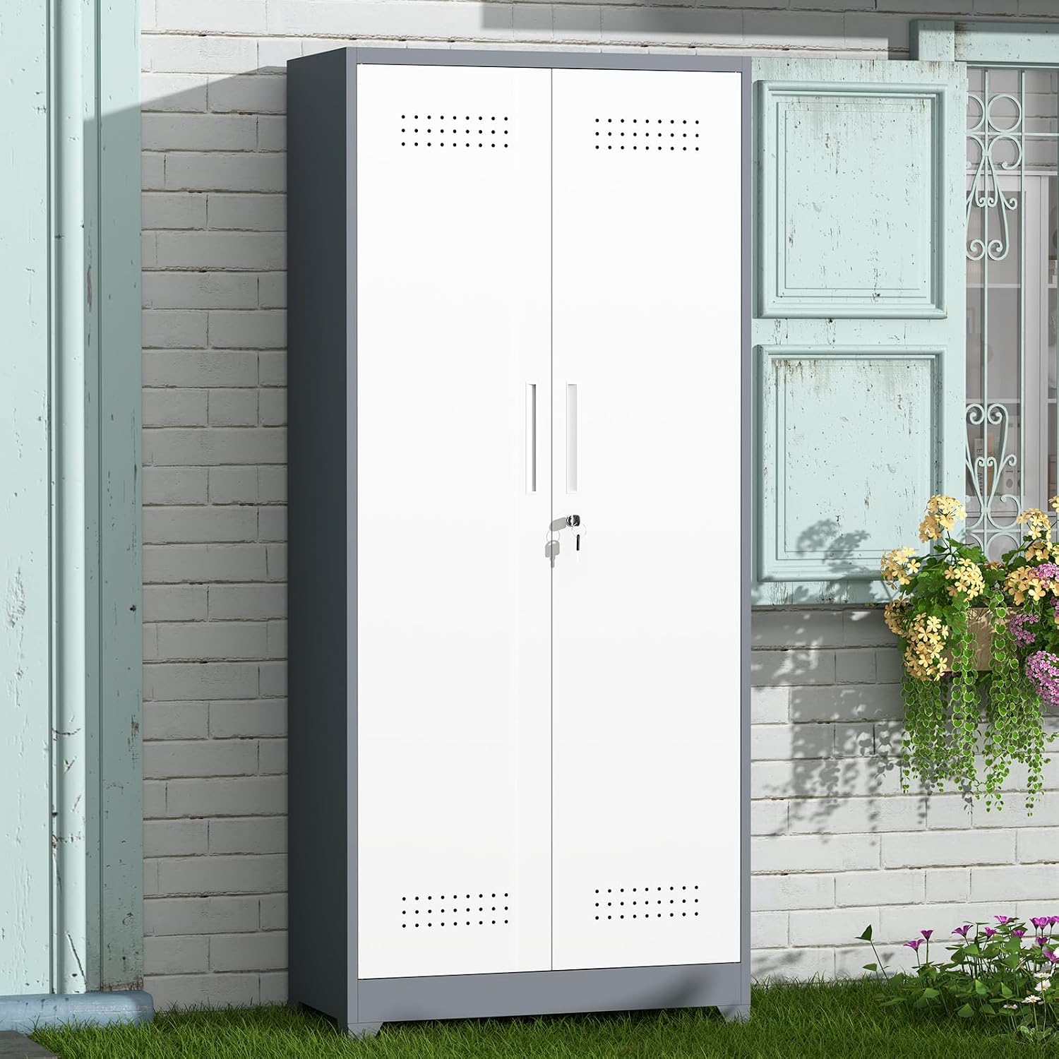 GREATMEET 72'' Metal Utility Storage Cabinet with Pegboard & Tool Hanging Bars, Double Door Cleaning Supply Organizer with Adjustable Shelves, Tall Garage Janitor Storage Cabinet, Gray White
