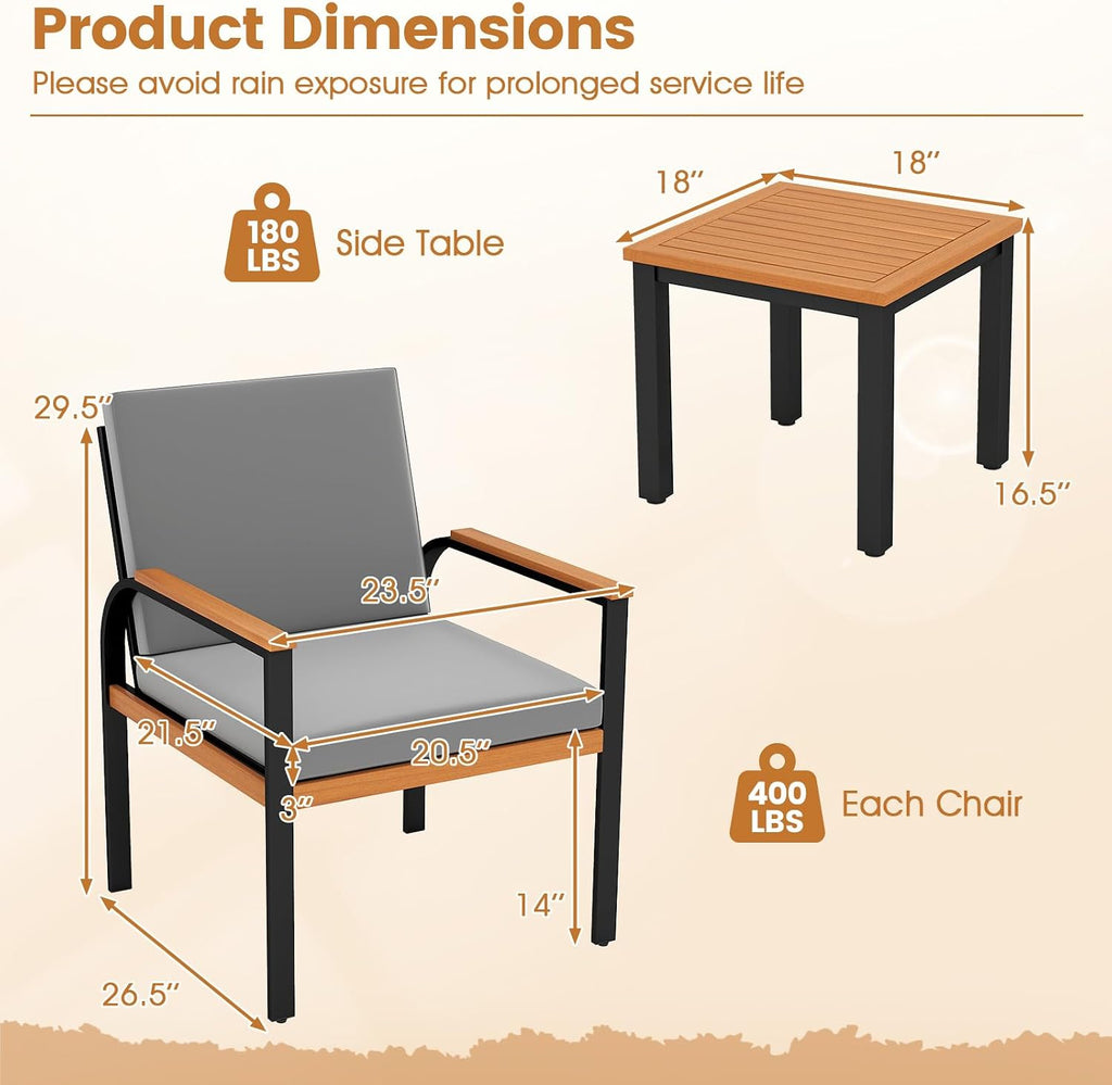 Tangkula 3 Pieces Patio Furniture Set, Outdoor Cushioned Conversation Chairs Set with Acacia Wood Side Table, for Porch, Balcony and Garden