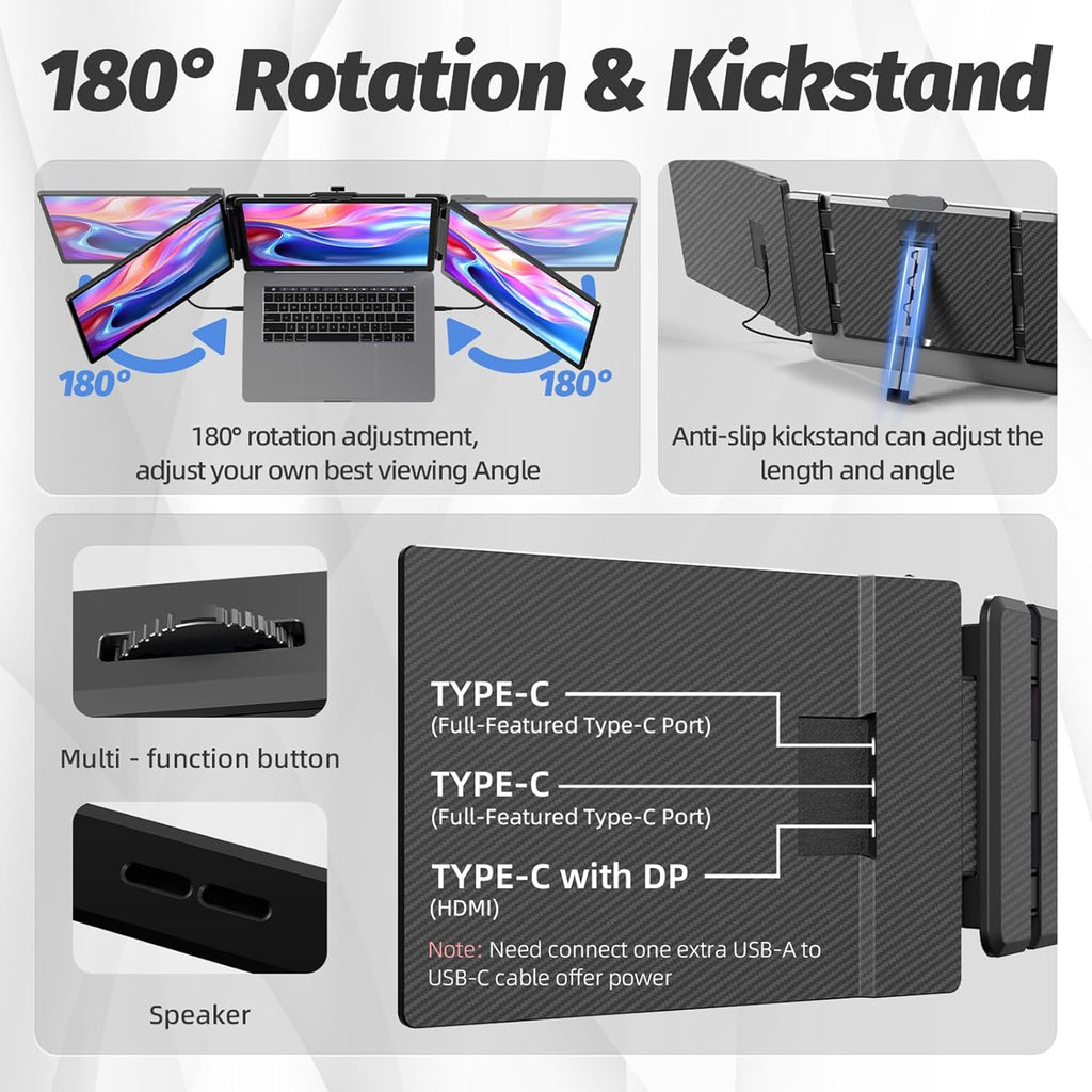 KOJOM 2K Laptop Screen Extender - 13' IPS 1440P Triple Screen Laptop Monitor Extender Plug & Play Multi Screen Attachment for 13'-17' Laptops Compatible with Wins Mac Dex Chrome Travel Gaming Work