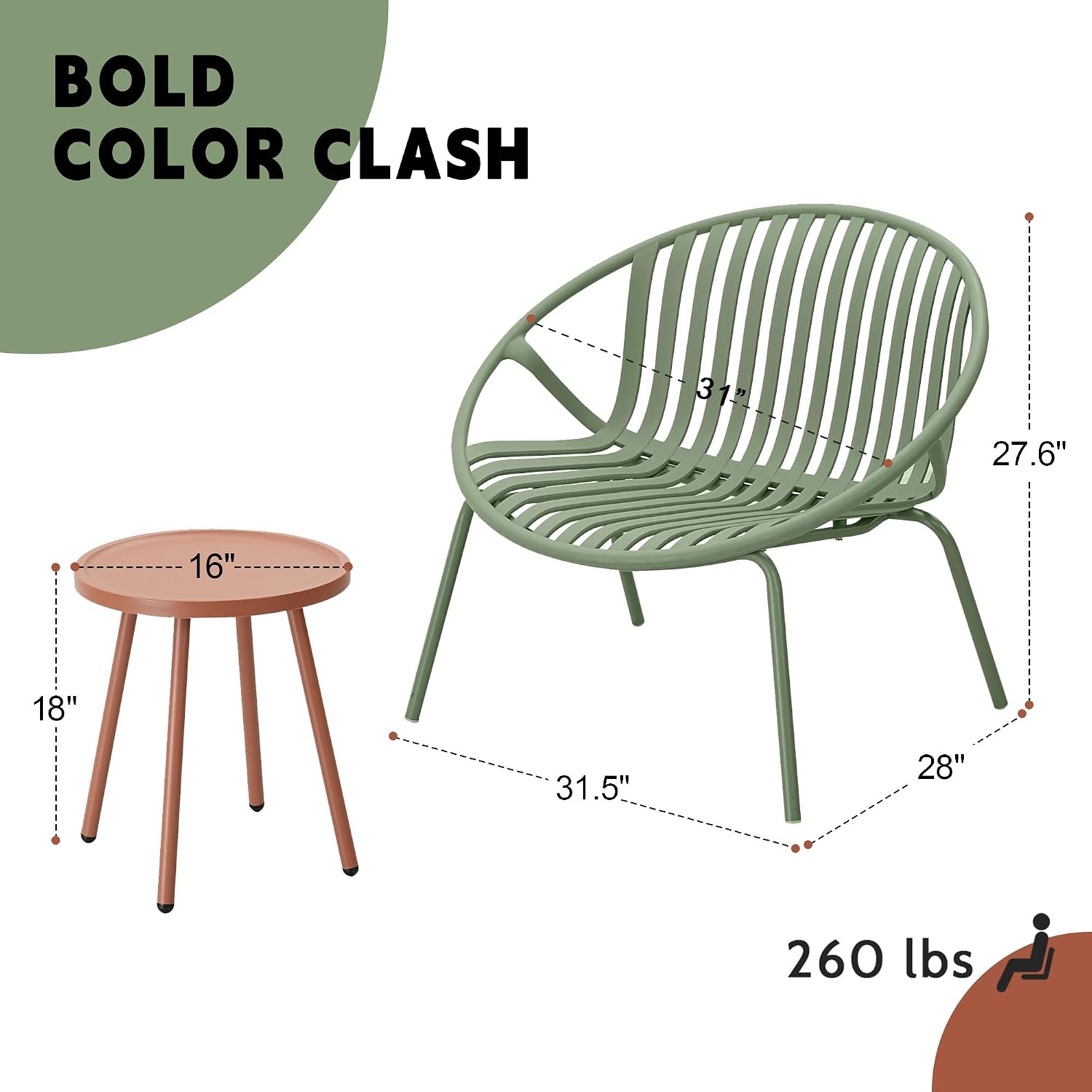 Werph Patio Furniture Set, 3 Pieces Outdoor Furniture with Bistro Orange Table and Green Chairs Set of 2, Outdoor Patio Set with Porch Chairs and Table, Deck Conversation Set for Garden Poolside