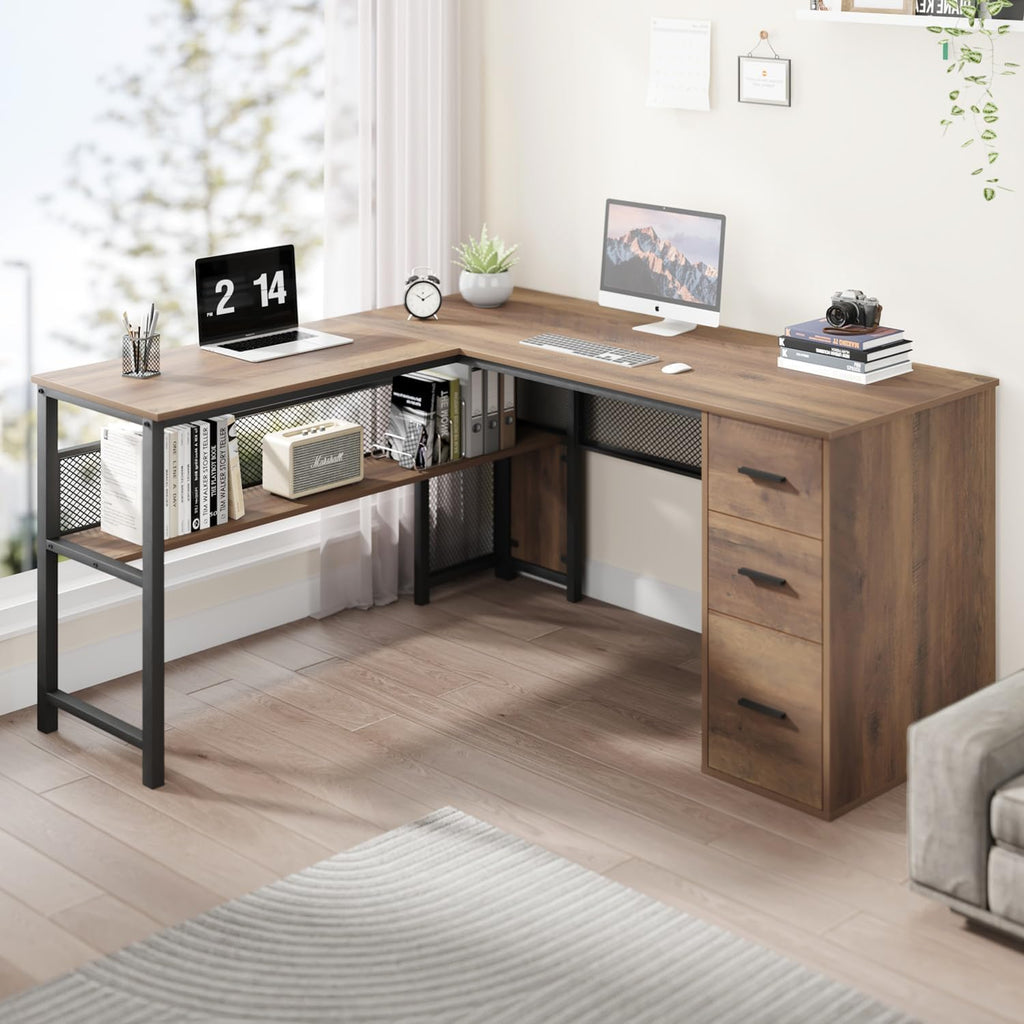 LVB Wood L Shaped Desk, Large Computer Office Desk with File Cabinets, Reversible Executive L Shape Gaming Desk with Drawers, Metal Wooden Corner Desk Table with with Storage Shelf, Rustic Oak 59 Inch