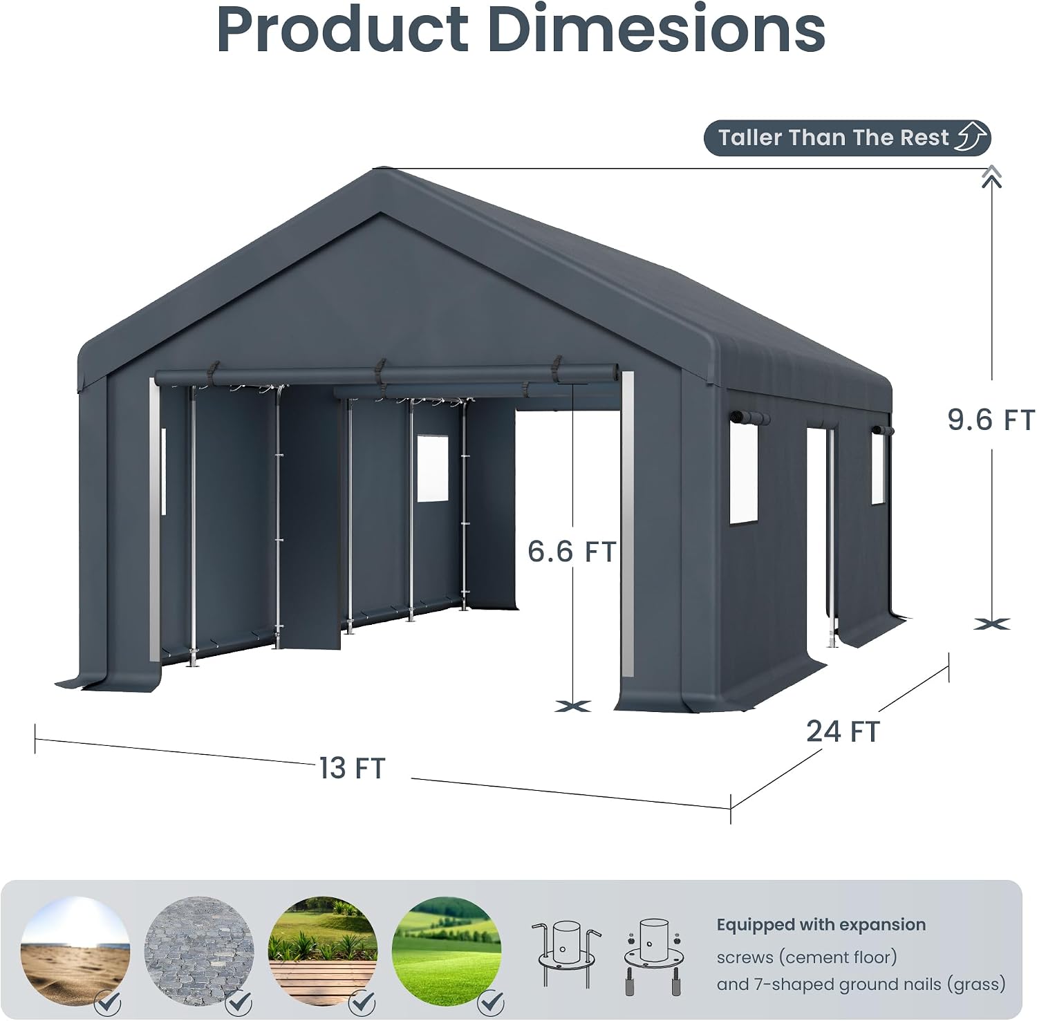 PHI VILLA 13X24ft Carport, Portable Carports Outdoor Storage Shelter Shed Garage Canopy with Roll up Zipper Doors & Vents Waterproof UV Resistant Garages Tent for Cars,Boats,Tools, Motorcycle, Gray