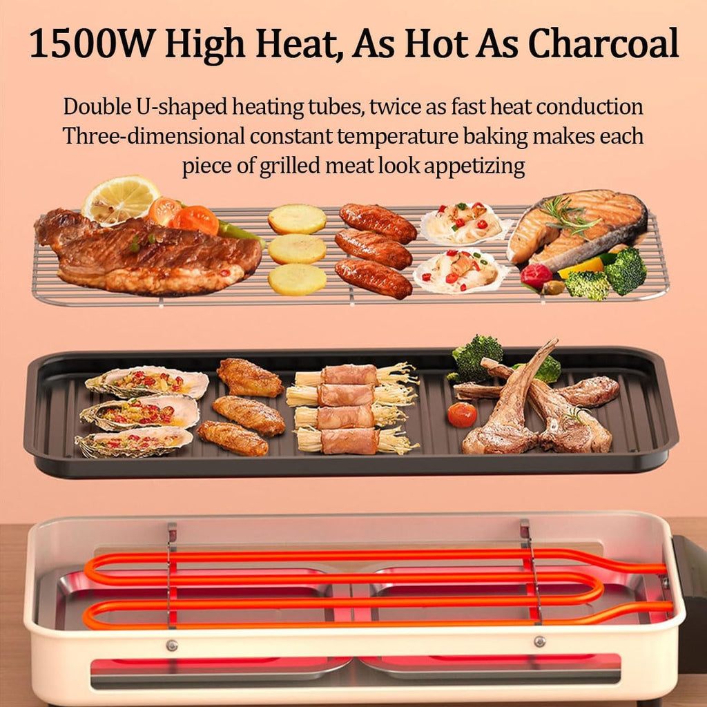 1500W Electric Indoor Grill, 2 In 1 Smokeless Grills with Grill Net and Non-stick Cooking Removable Plate, Temperature Control The Entire Machine Can Be Detached, for Family Party Kitchen Use