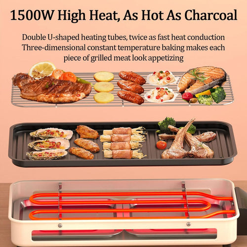 1500W Electric Indoor Grill, 2 In 1 Smokeless Grills with Grill Net and Non-stick Cooking Removable Plate, Temperature Control The Entire Machine Can Be Detached, for Family Party Kitchen Use