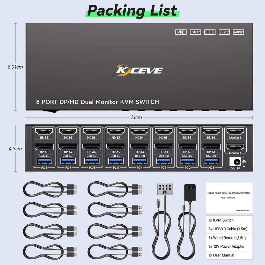 10 Port 8 Port 2 Monitors KVM Switch HDMI 4K@60Hz EDID Simulation, USB 3.0 Dual Monitor KVM Switch 2 Monitors 8 Computers 10 Computers,4 USB3.0 Ports, Audio,RS232,Wired Remote,12V Power,10 USB Cables