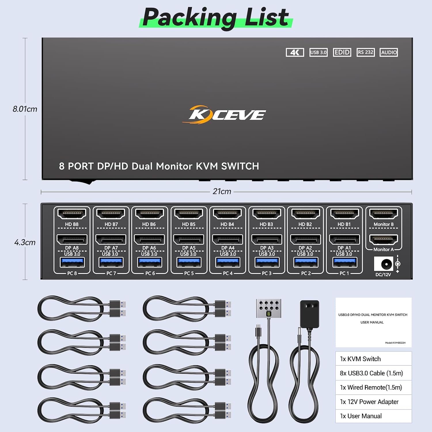 10 Port 8 Port 2 Monitors KVM Switch HDMI 4K@60Hz EDID Simulation, USB 3.0 Dual Monitor KVM Switch 2 Monitors 8 Computers 10 Computers,4 USB3.0 Ports, Audio,RS232,Wired Remote,12V Power,10 USB Cables