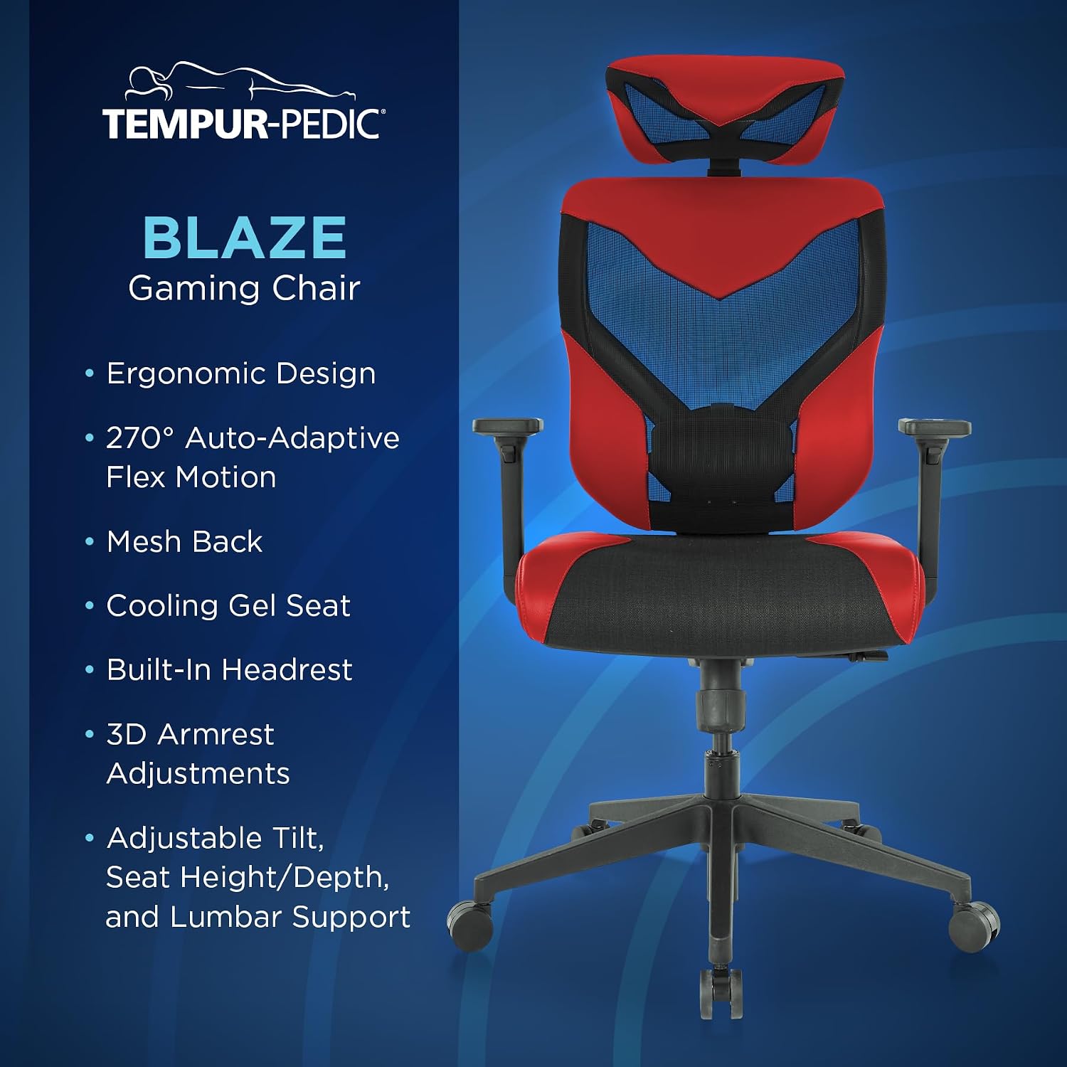 Tempur-Pedic Blaze Auto-Adaptive Ergonomic Gaming Chair with Lumbar Support and 3D Armrest Adjustment, Cooling Racing Style Gaming Chair, Red