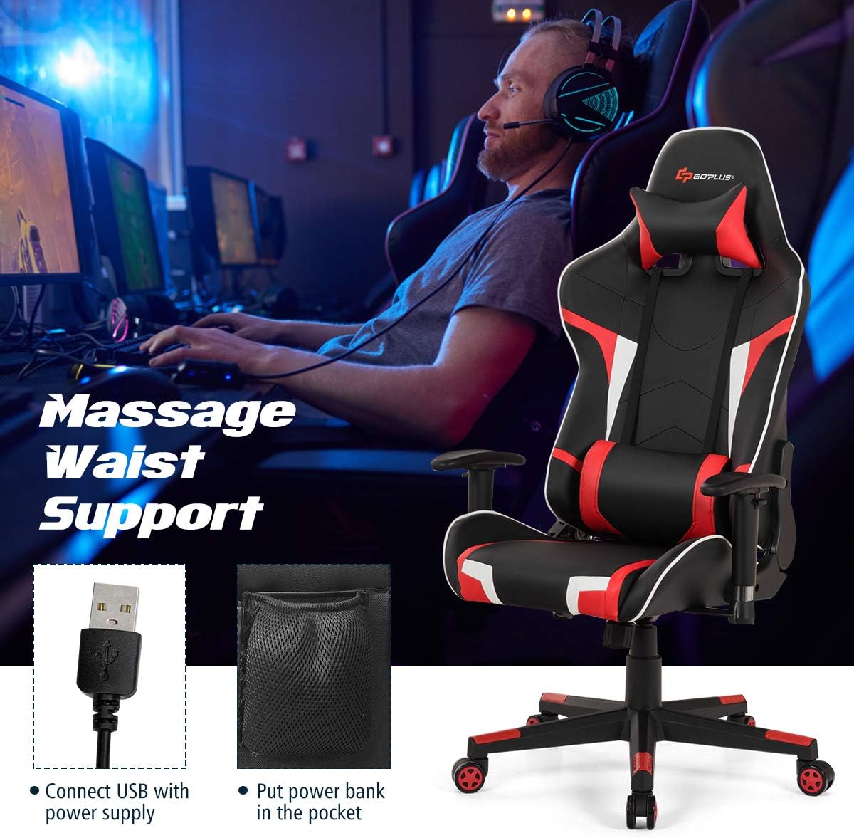 POWERSTONE Gaming Chair - Office Computer Gaming Racing Chair with Lumbar Massager Support PU Leather Adjustable Arms Headrest High-Back Recliner Ergonomic Rolling Swivel (Red)