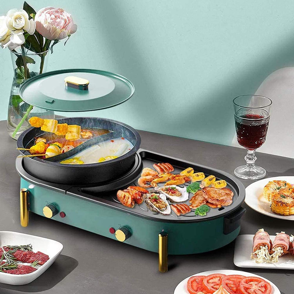 Electric Hot Pot Grill Electric Barbecue Grill,2 in 1 Non-Stick BBQ And Shabu Pot with Independent Temperature Control,Ideal for 2-8 People