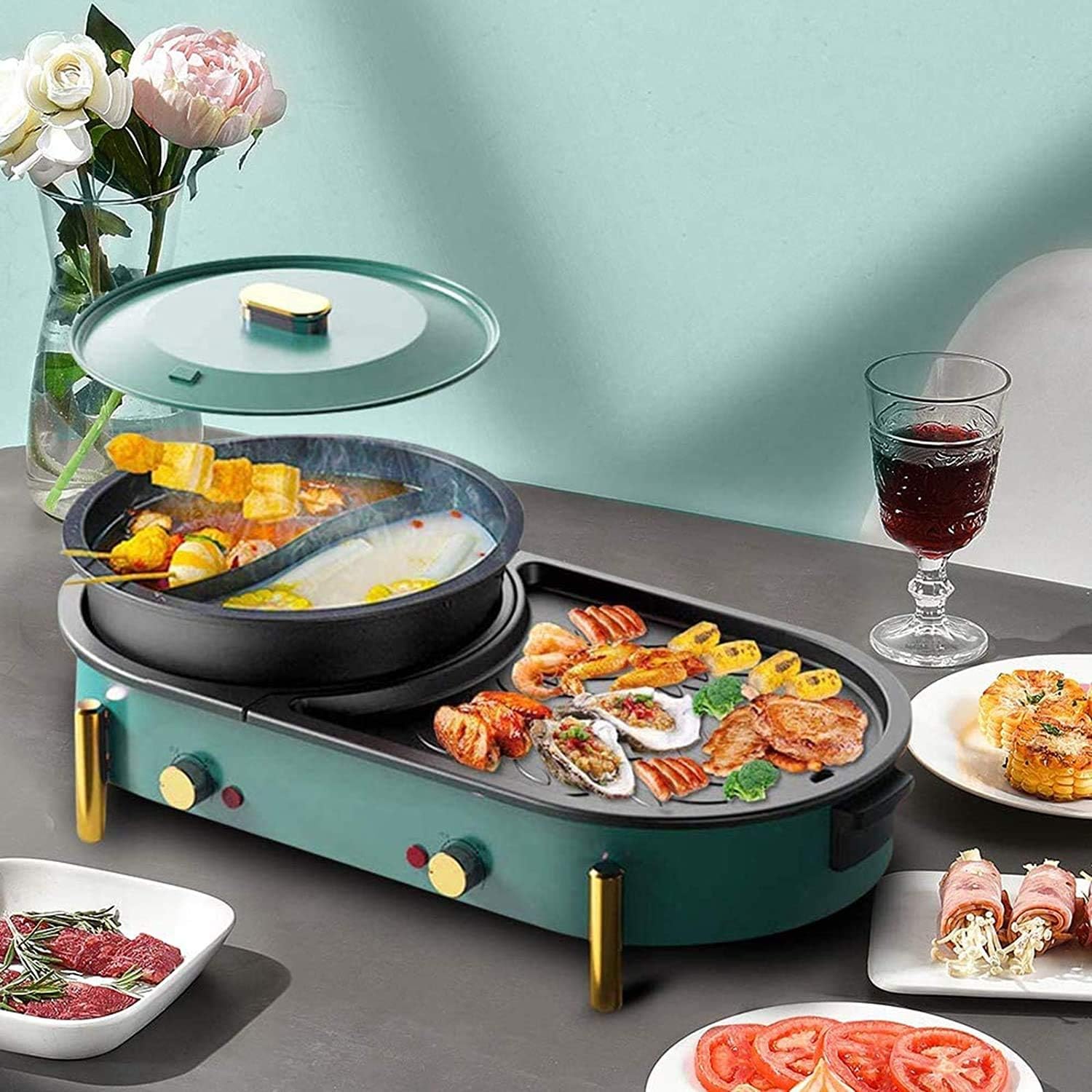 Electric Hot Pot Grill Electric Barbecue Grill,2 in 1 Non-Stick BBQ And Shabu Pot with Independent Temperature Control,Ideal for 2-8 People