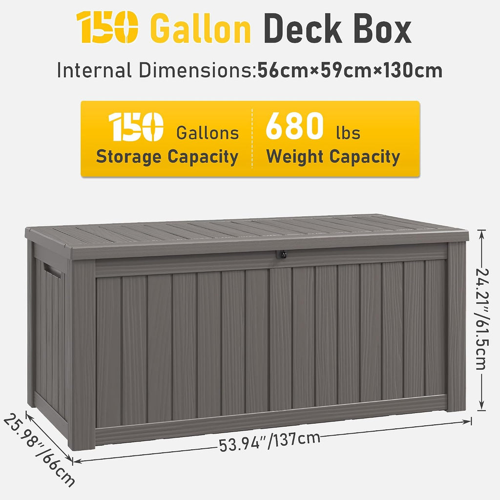 NUNU LAB 150 Gallon Outdoor Storage Box,Resin Large Sturdy Deck Box, Backyard Outside Storage Box Waterproof with Double Wall Panels,Package Delivery Garden Outdoor Hose